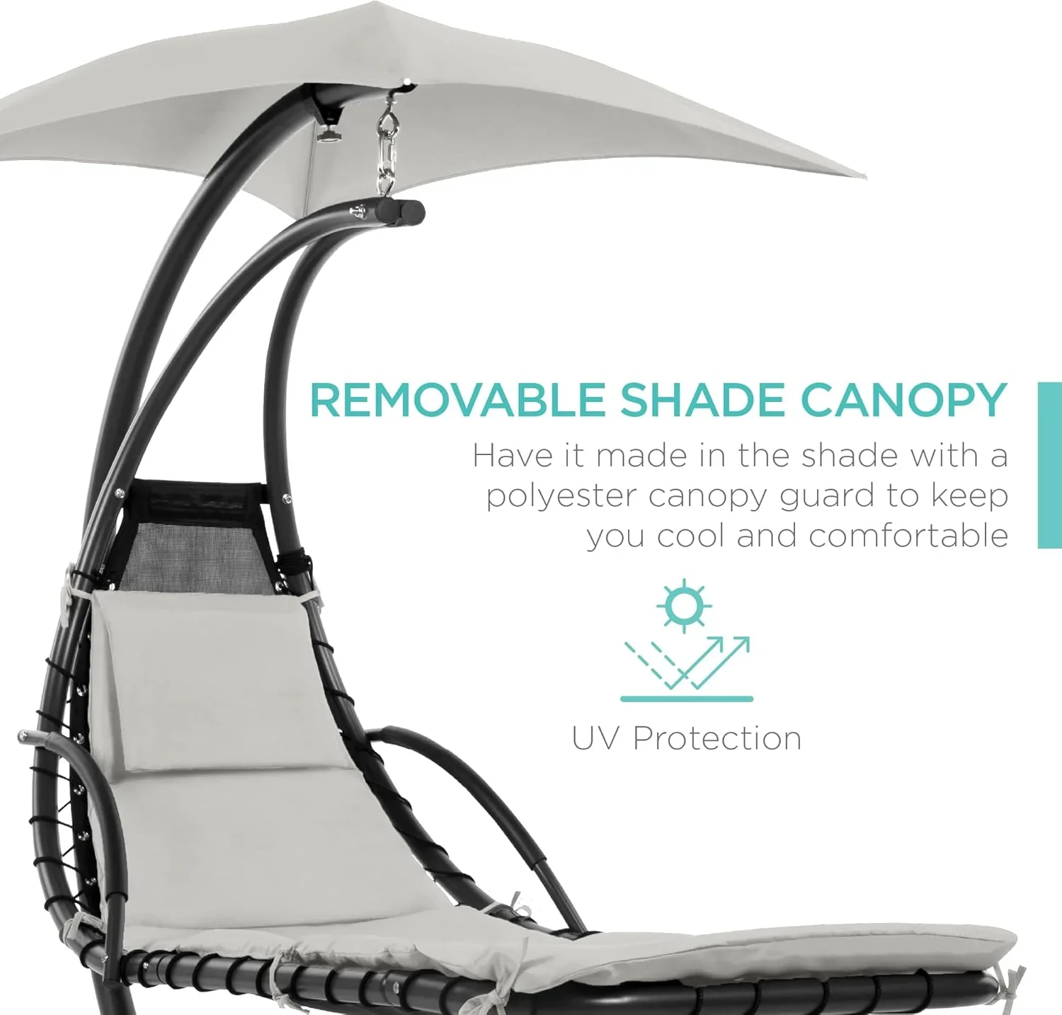 Best Choice Products Outdoor Hanging Curved Steel Chaise Lounge Chair Swing w/Built-in Pillow and Removable Canopy - Charcoal Gray - Image 104