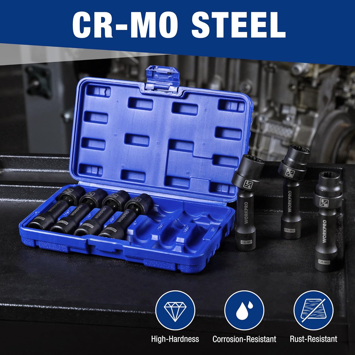 WORKPRO 7PCS 1/2" Drive Driveline Socket Set with Storage Case | 12-Point SAE Swivel Socket, CR-MO Steel Driveline Limited Clearance Socket Set for Automotive and Mechanical Use - Image 8