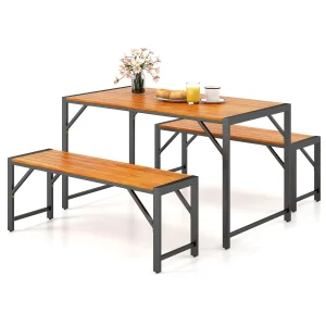 Tangkula 3 Pieces Patio Dining Set for 6 People, Outdoor Picnic Table & 2 Benches, 53” Acacia Wood Dining Table