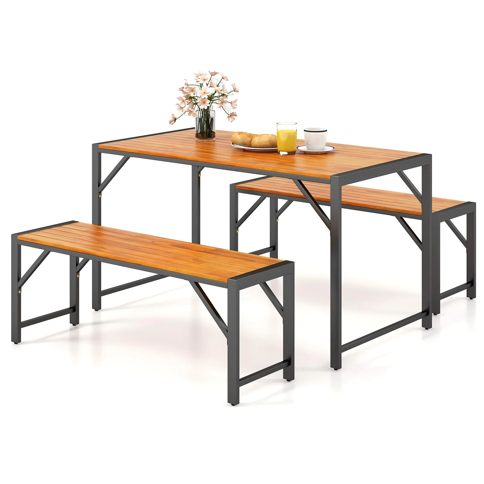 Tangkula 3 Pieces Patio Dining Set for 6 People, Outdoor Picnic Table & 2 Benches, 53” Acacia Wood Dining Table