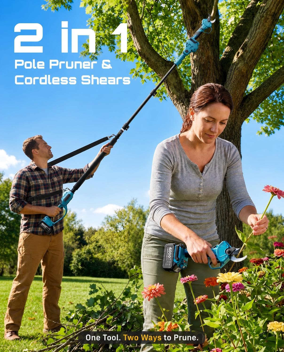 SEESII 2-in-1 Pole Pruning Shears, 1.6" Cutting Diameter Cordless Electric Pole Pruners, Brushless Motor, Dual 4.0Ah Batteries, Extra SK5 Blade, 4 Modes Adjustable Branches Cutter for Tree & Flower - Image 2
