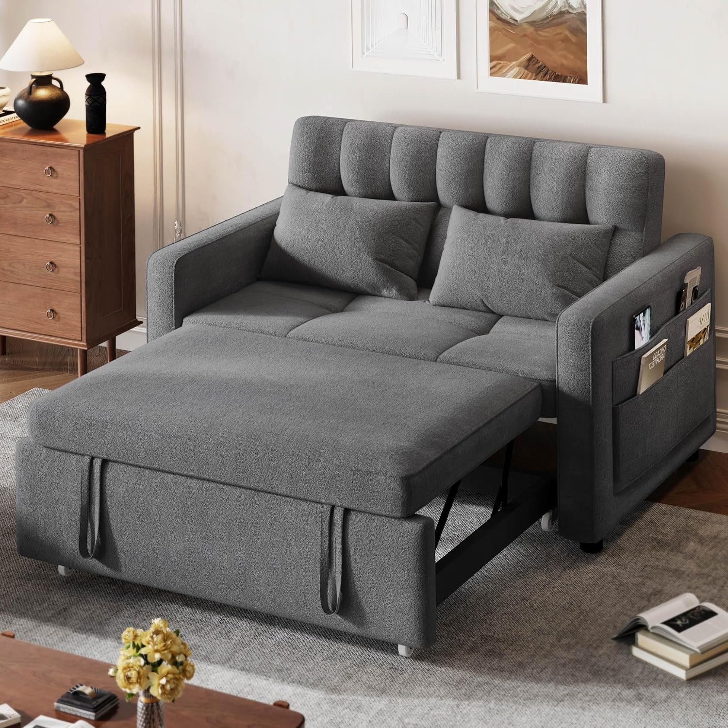 DWVO 3-in-1 Convertible Sofa Bed, 55" Sleeper Sofa with Pull-Out Bed, Cat-Scratch-Proof Fabric Futon Couch with Adjustable Backrest and Side Pocket, Loveseat for Living Room Apartment, Grey - Image 3