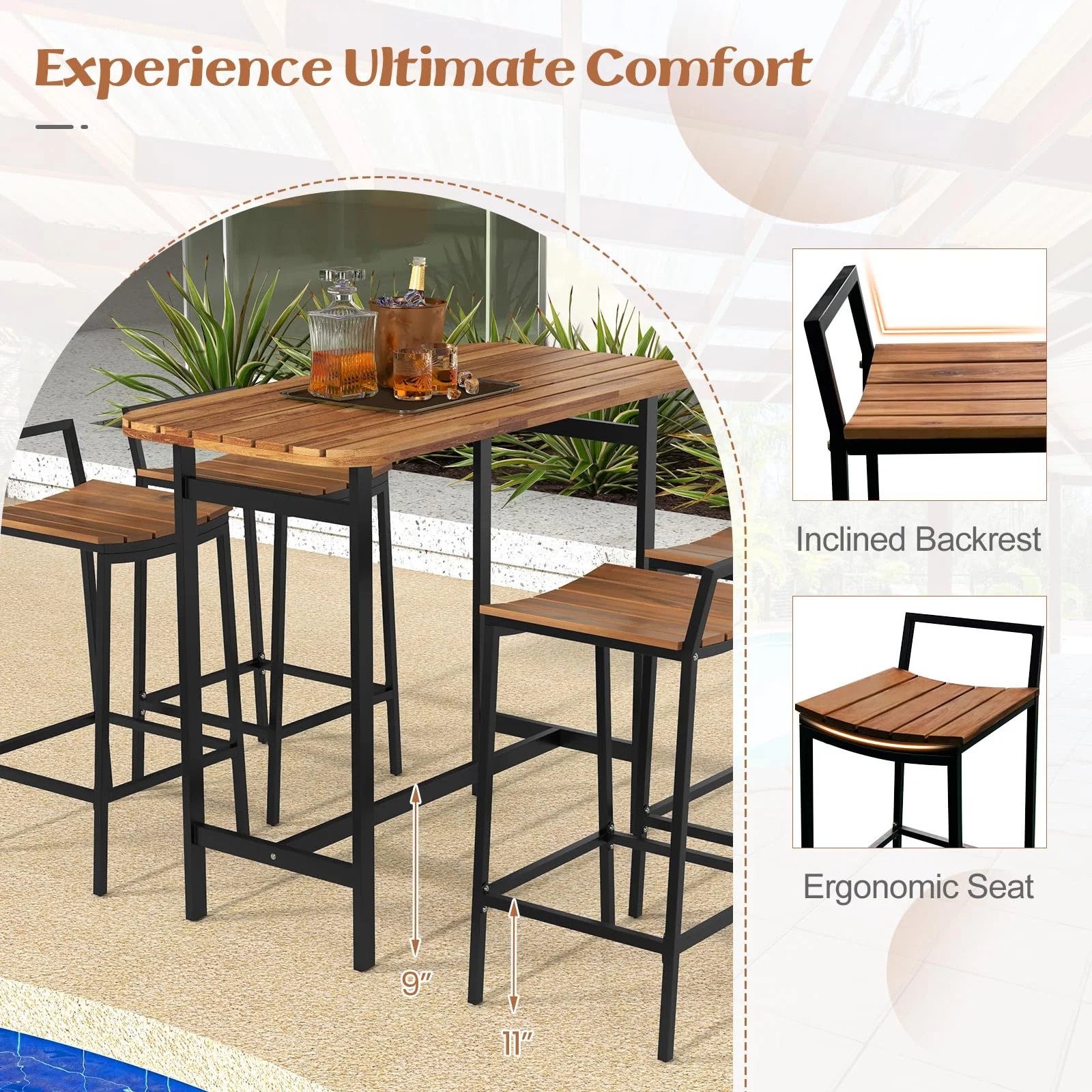Tangkula 5 Piece Acacia Wood Bar Table Set, Outdoor Bar Height Table & Chairs with Metal Frame & Footrest - Image 8
