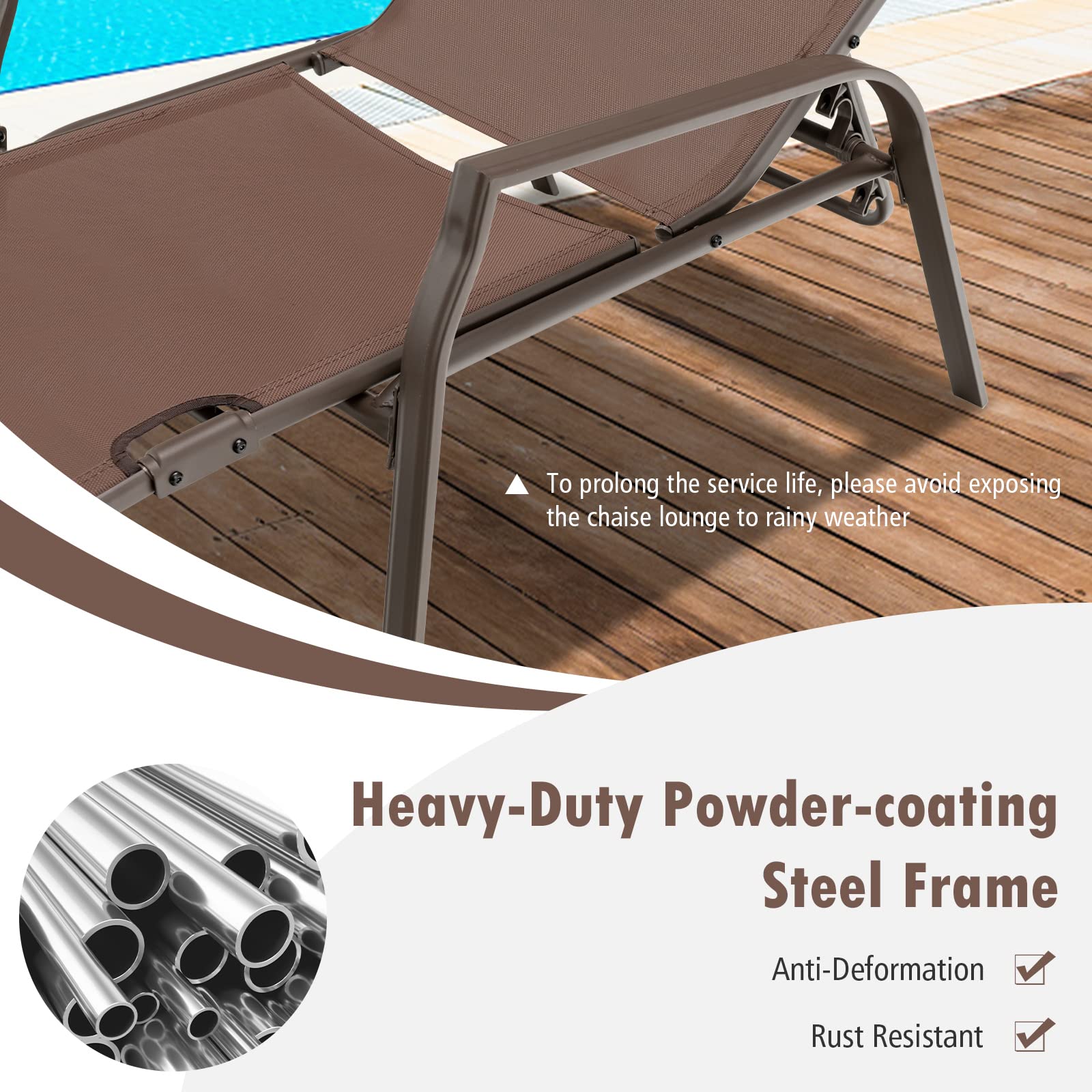 Tangkula 2 Piece Patio Adjustable Folding Stackable Chaise Lounge W/ 5-Position Backrest (Brown) - Image 8