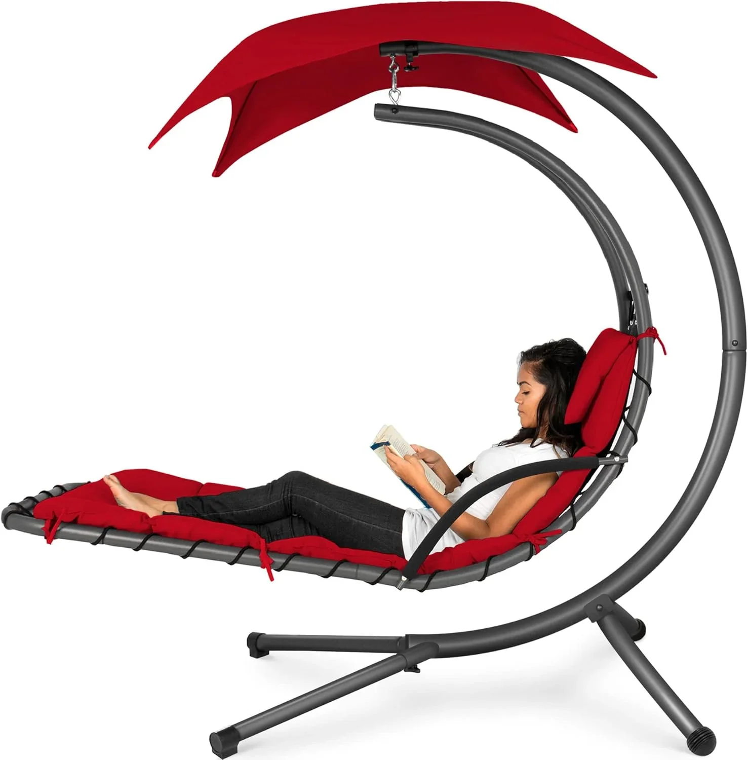 Best Choice Products Outdoor Hanging Curved Steel Chaise Lounge Chair Swing w/Built-in Pillow and Removable Canopy - Charcoal Gray - Image 2