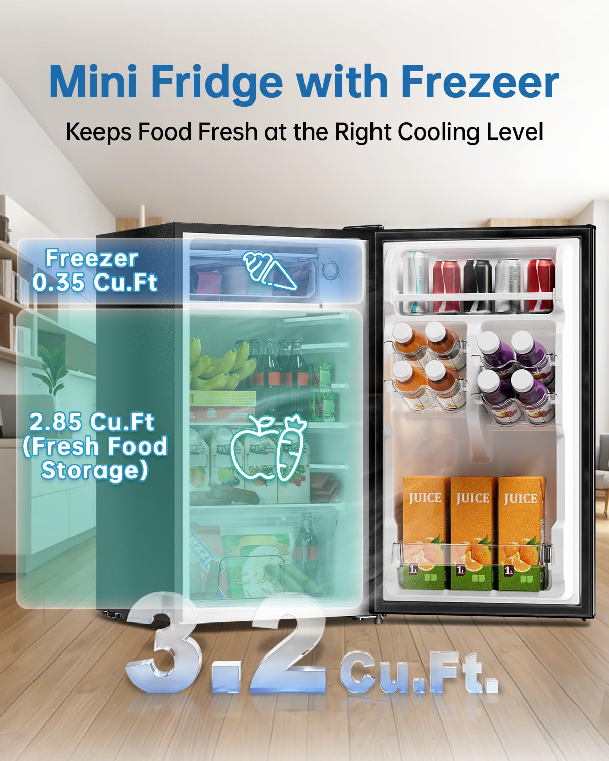 3.2 Cu Ft Mini Fridge with Freezer, Single Door Upright Freezer Energy Efficient, Large Capacity, Reversible Door, ETL Certified, Small Refrigerator for Bedroom, Office & Dorm, Black - Image 3