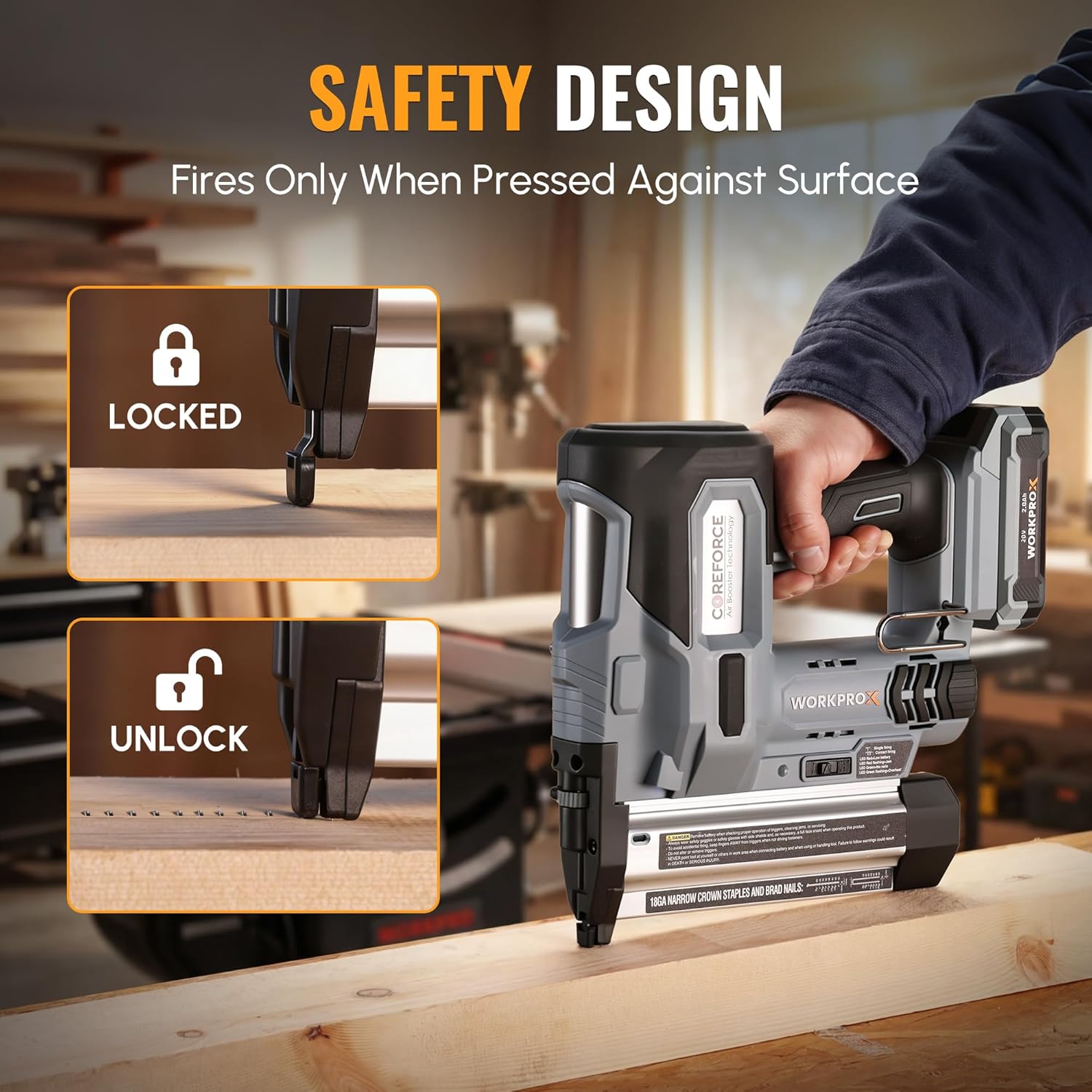 WORKPROX 20V Cordless Brad Nailer Kit, 18 Gauge 2-in-1 Nail & Staple Gun with 2.0Ah Rechargeable Battery, 1000 Staples & 1000 Nails, for Woodworking, Upholstery, DIY Projects & Home Improvement - Image 6