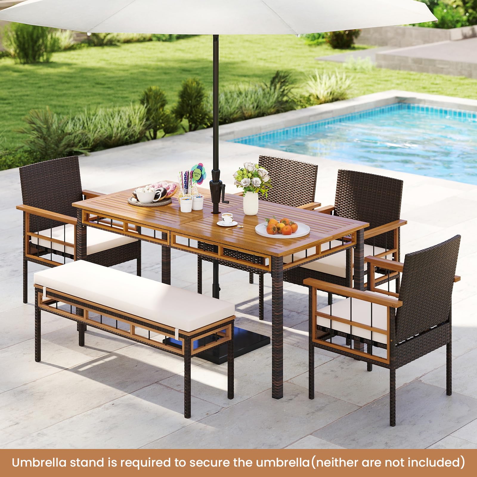 Tangkula 6 Pieces Patio Dining Table Set with 1.97” Umbrella Hole & Cushioned Backless Bench & 4 Armchairs - Image 3