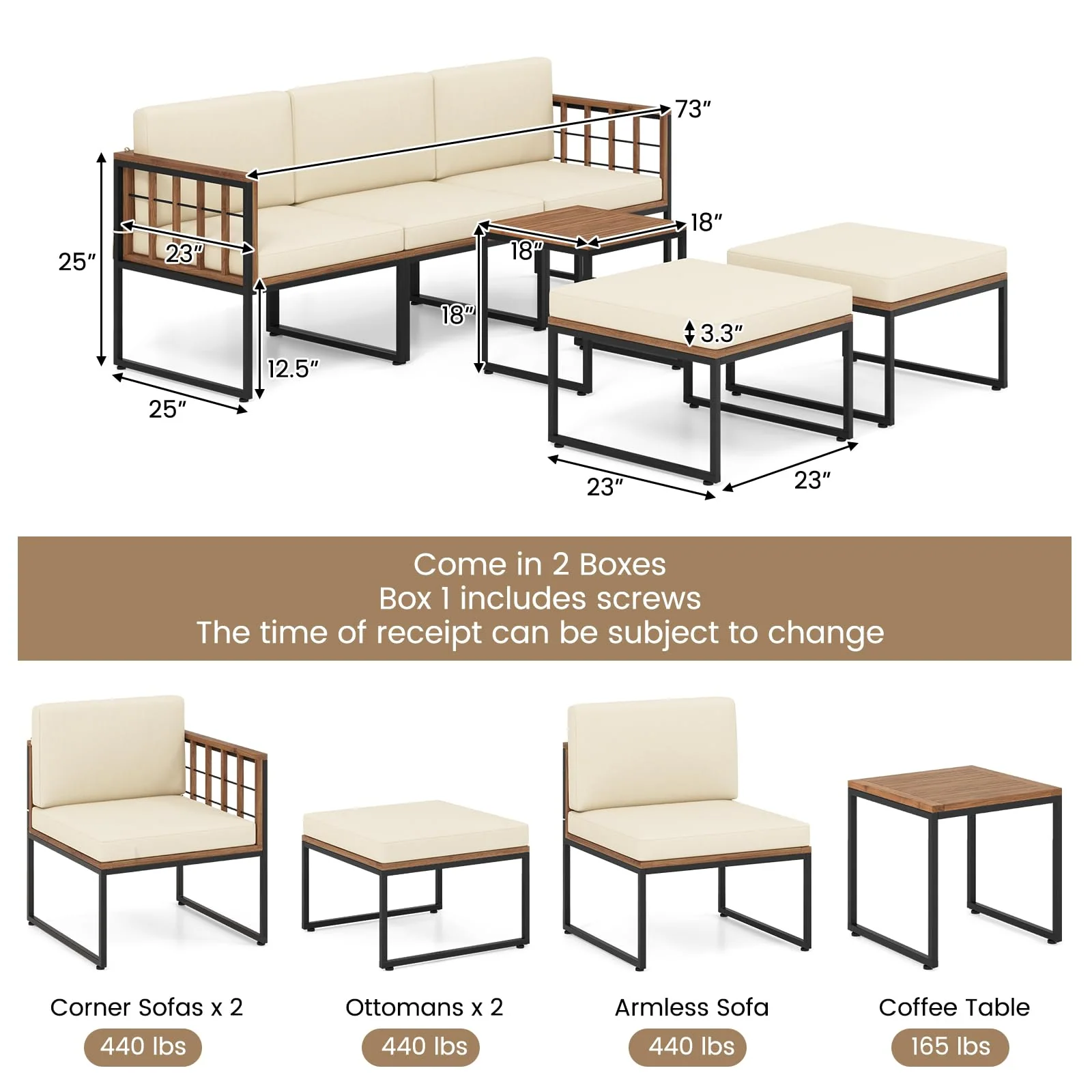 Tangkula 6 Pieces Acacia Wood Patio Furniture Set, Patiojoy Outdoor Sectional Conversation Sofa Set with Cushions - Image 5