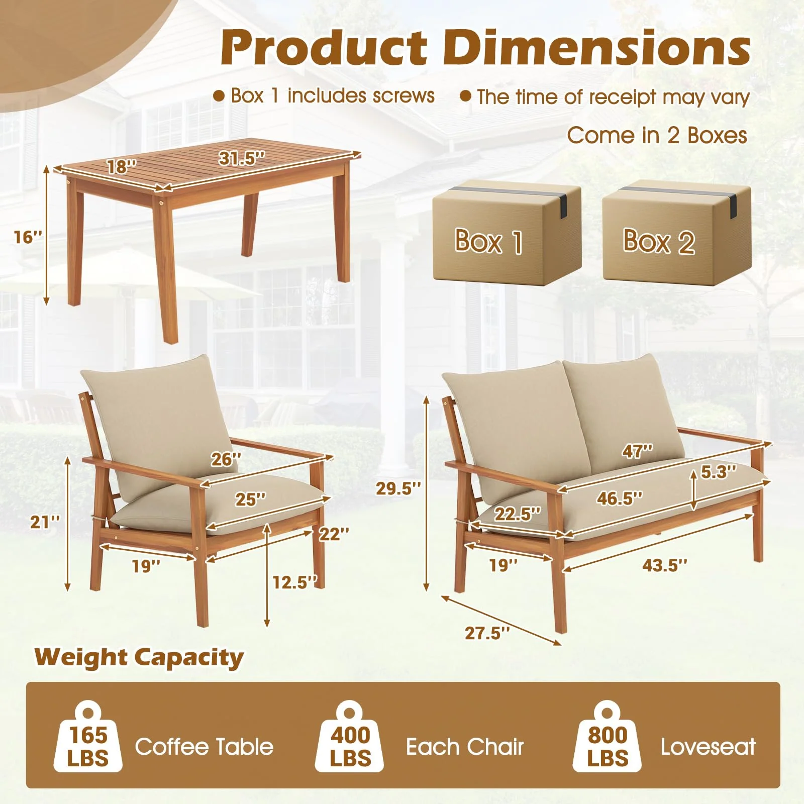 Tangkula 4 Pieces Patio Furniture Set, Outdoor Acacia Wood Conversation Set with Soft Cushions and Coffee Table - Image 5