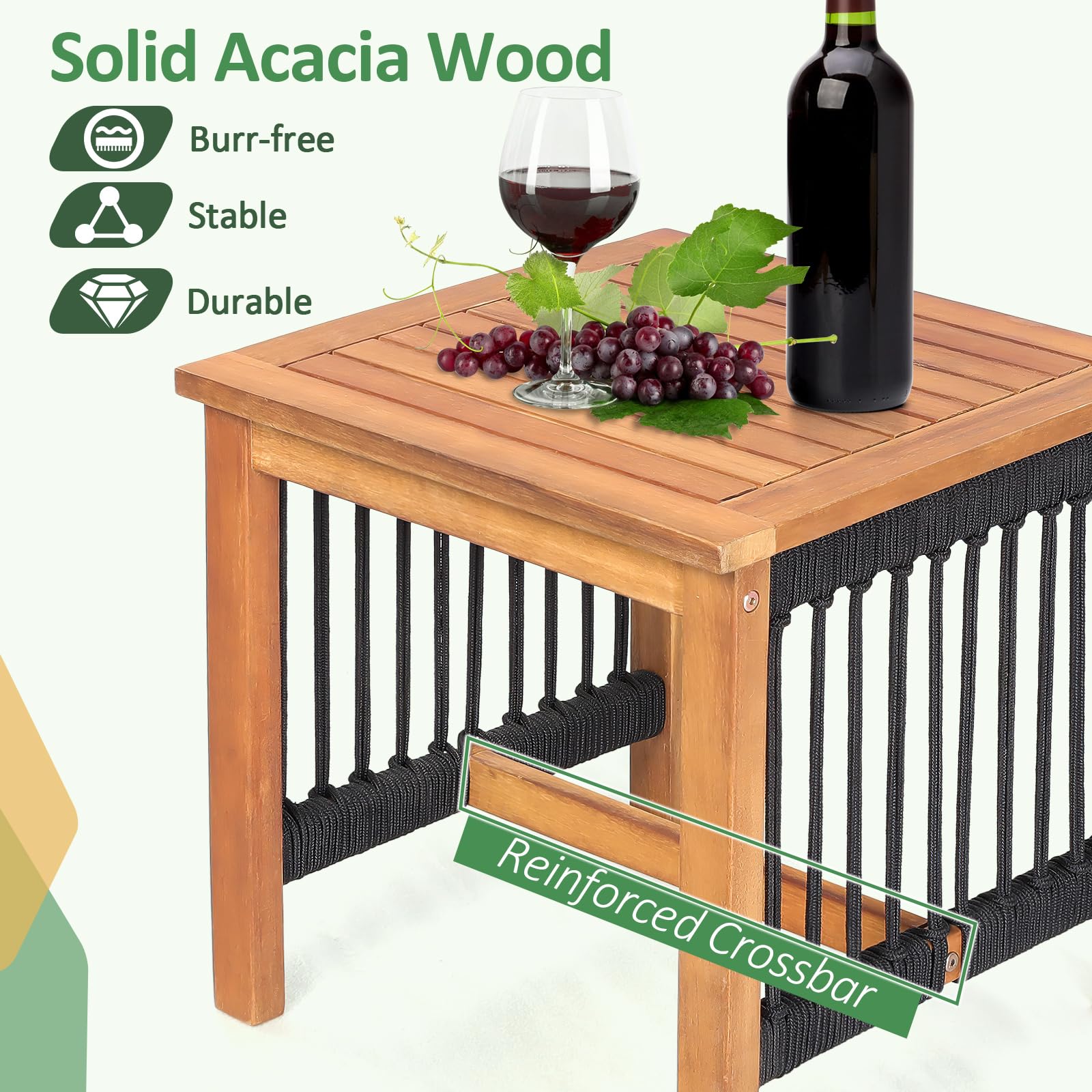 Tangkula 3 Pieces Acacia Wood Rocking Bistro Set, All-Weather Rope Woven Patio Furniture Set with Coffee Table - Image 8