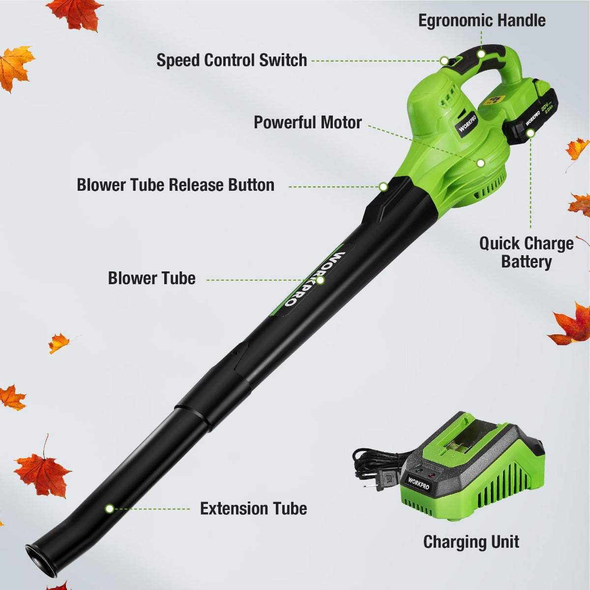 WORKPRO 20V Lightweight Mini Cordless Leaf Blower with Battery and Charger, 2-Speed Control - Image 4