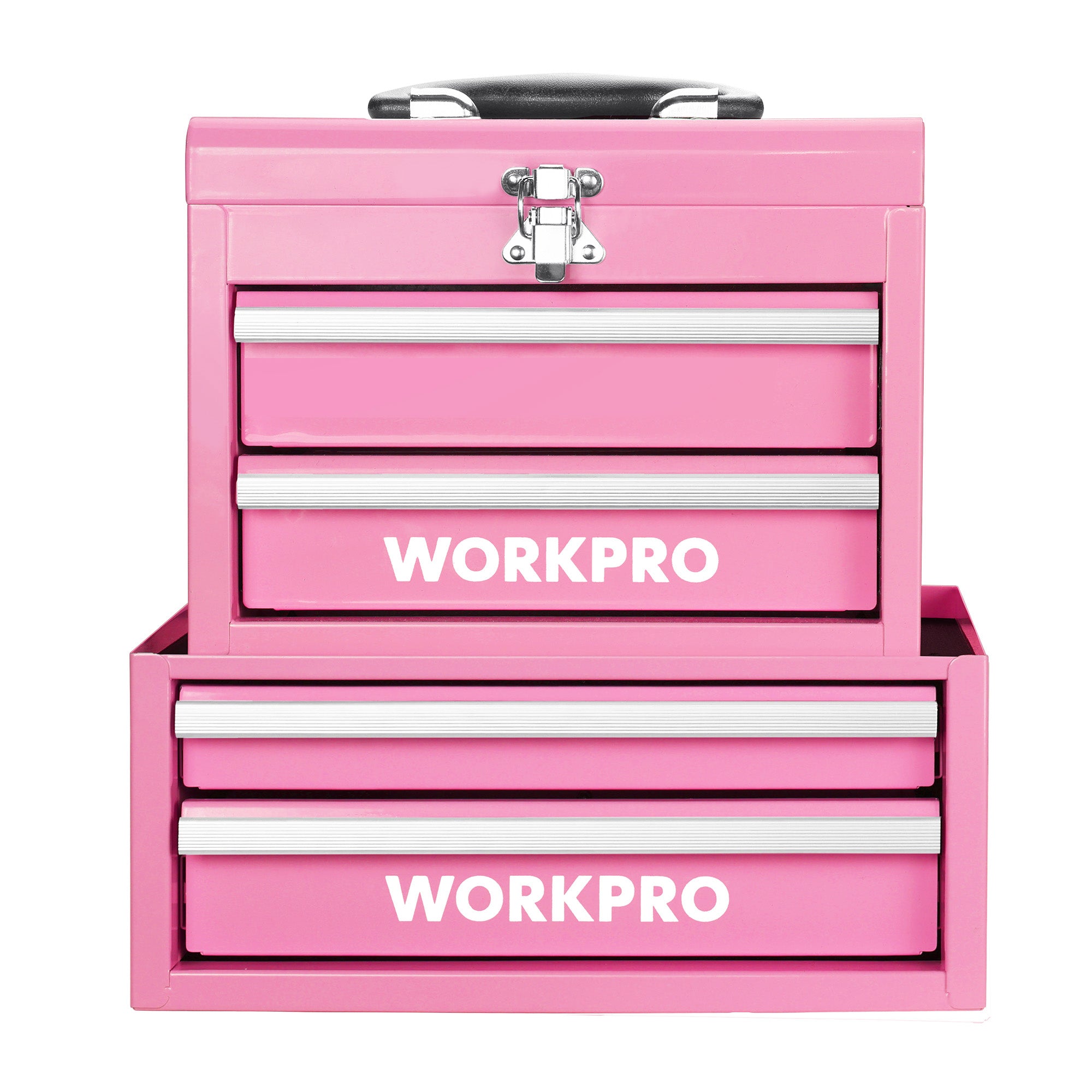 WORKPRO Portable & 12.5" Mini Metal Tool Box, Top Tool Chest Containing Two Drawers - Pink Ribbon - Image 2