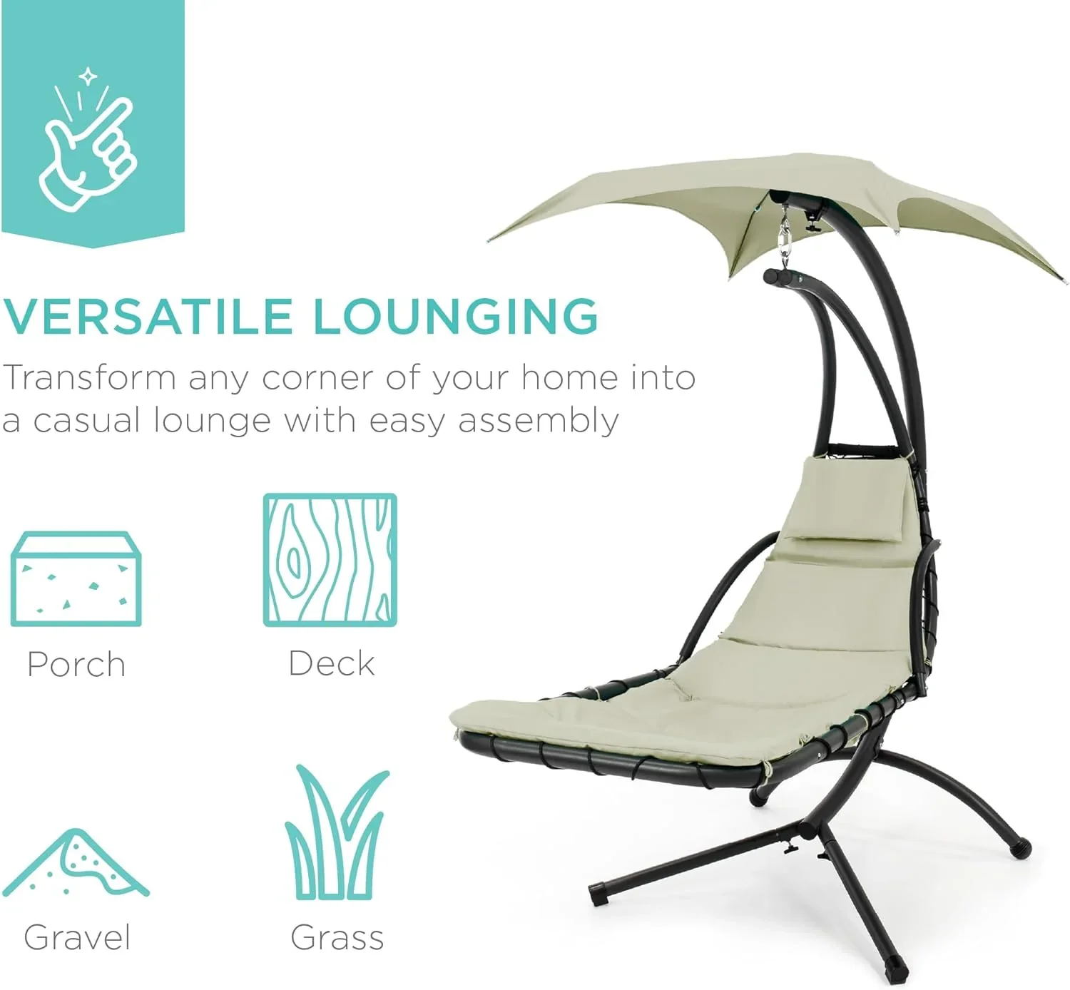Best Choice Products Outdoor Hanging Curved Steel Chaise Lounge Chair Swing w/Built-in Pillow and Removable Canopy - Charcoal Gray - Image 100