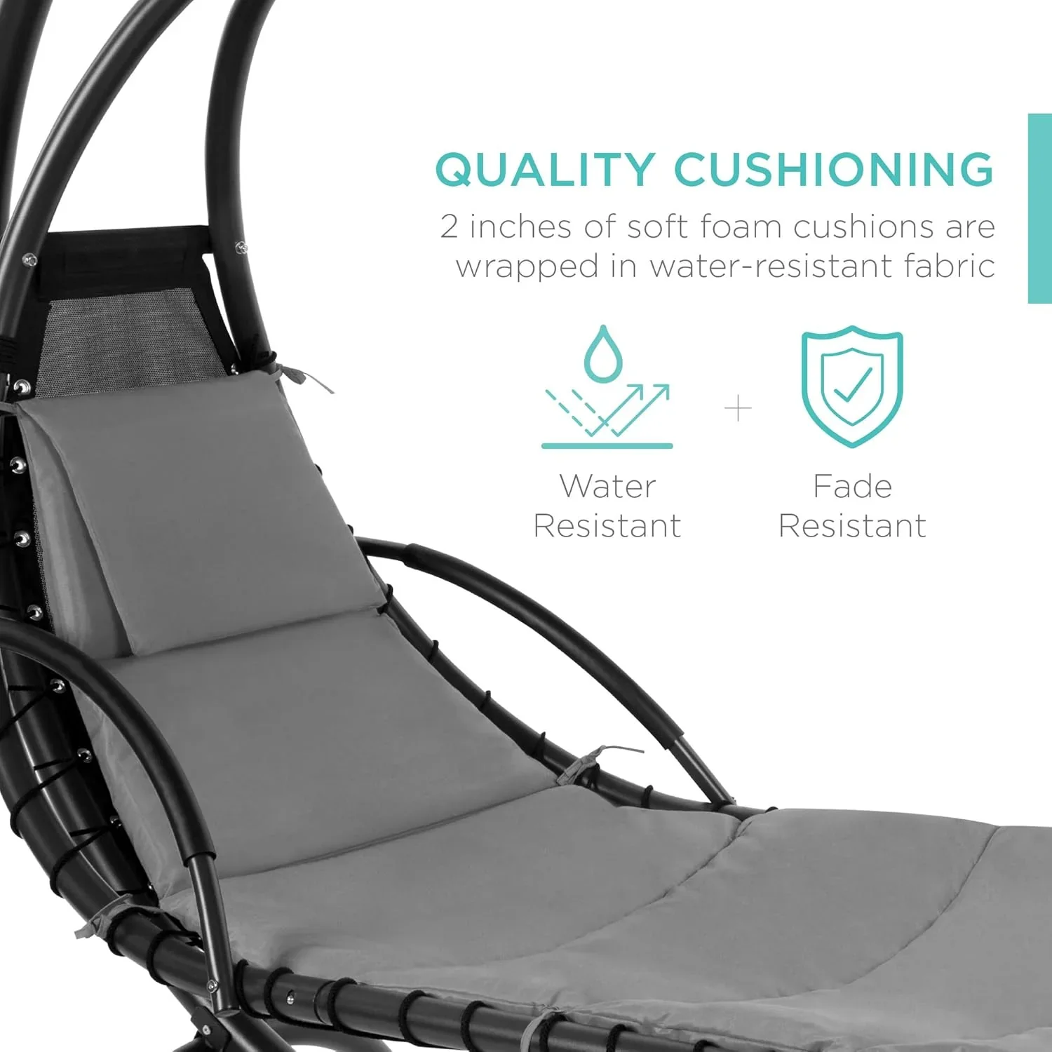 Best Choice Products Outdoor Hanging Curved Steel Chaise Lounge Chair Swing w/Built-in Pillow and Removable Canopy - Charcoal Gray - Image 54