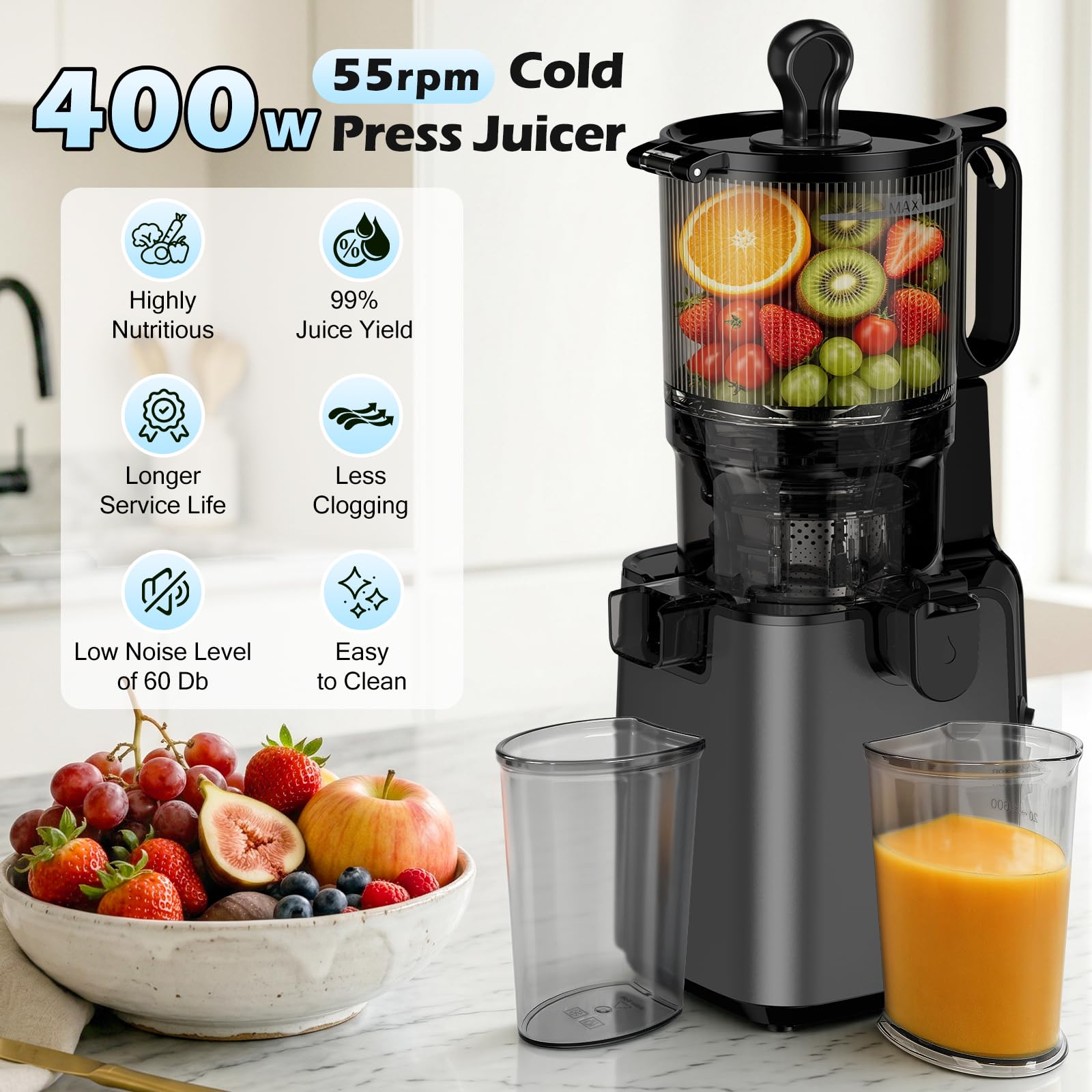 YPONE Juicer Machines 2-in-1 Cold Press Juicer Easy to Clean Titanium gray Making Juice, Nut Milk, 5.8" Large Chute , 400W Power Reverse Function With Pusher - Image 2