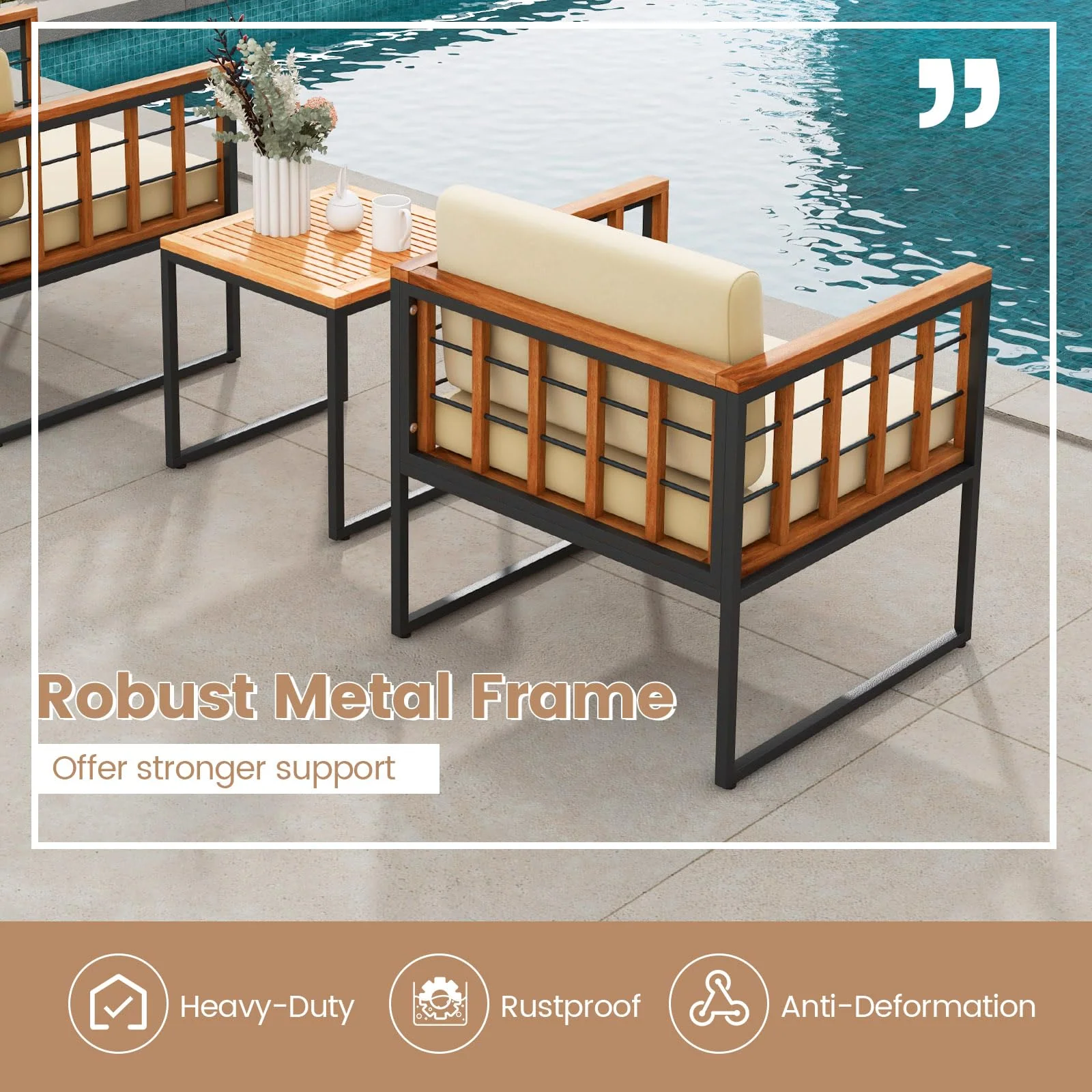 Tangkula 3 Pieces Patio Chair Set, Acacia Wood Outdoor Sofa Set with Metal Support - Image 9