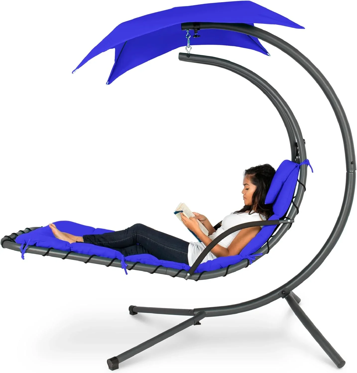 Best Choice Products Outdoor Hanging Curved Steel Chaise Lounge Chair Swing w/Built-in Pillow and Removable Canopy - Charcoal Gray - Image 22