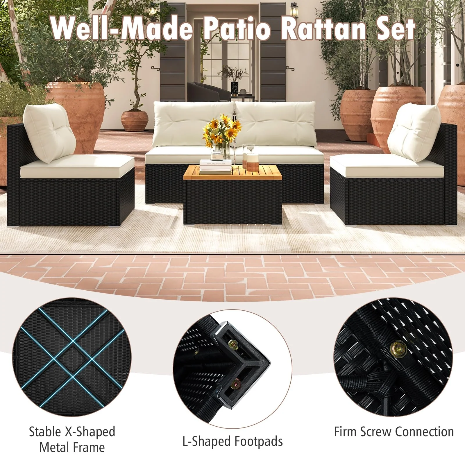 Tangkula 5 Piece Rattan Sofa Set, Patiojoy Outdoor Wicker Furniture Set with Seat & Back Cushions - Image 5