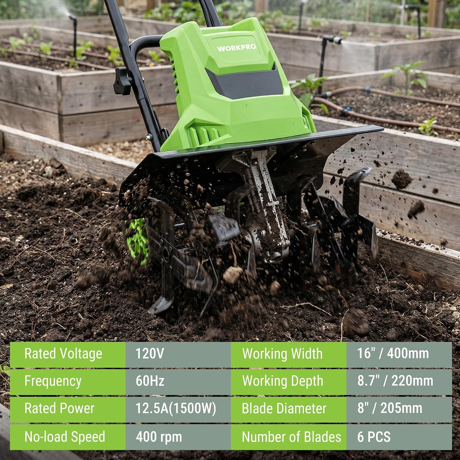 WORKPRO Corded Electric Garden Tiller & Cultivator, 16" Tilling Width & 8.7" Depth, 12.5A Corded Rototiller, 6 Steel Tines, 4-Position Adjustable Wheels, for Garden, Lawn & Flower Beds - Image 8
