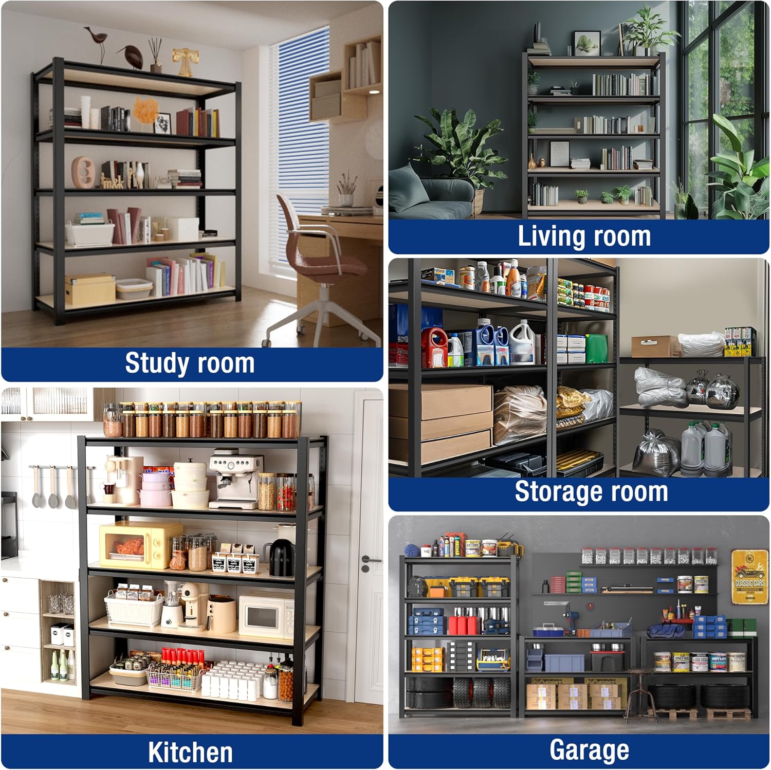 WORKPRO 5-Tier Black Shelving with Board, 48"W x 24"D x 72"H, 3000LBS Load | Adjustable, Heavy Duty, 3000lbs, Boltless Shelving for Kitchen, Living Room, Garage - Image 8