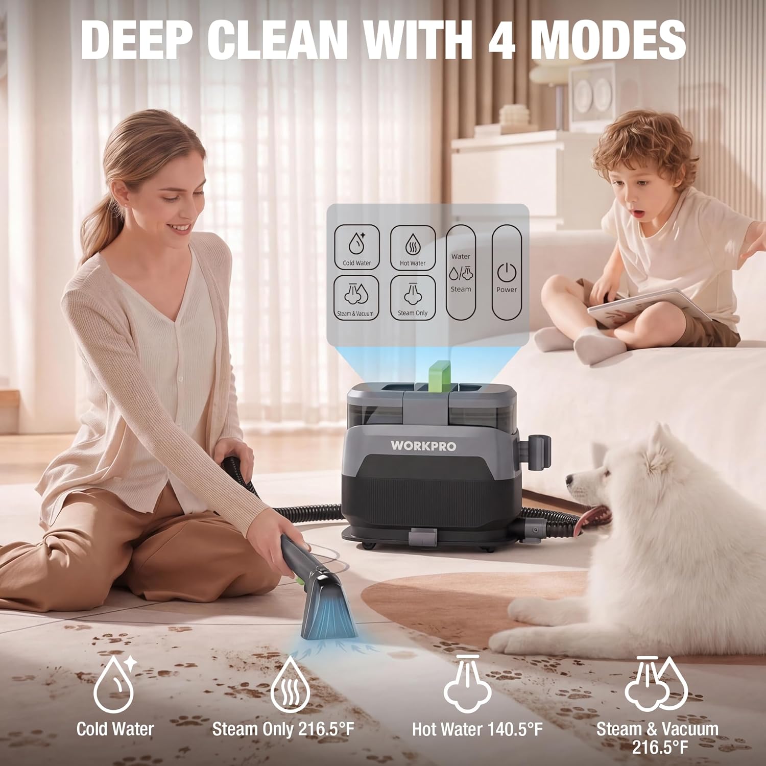 WORKPRO Portable Steam Carpet & Upholstery Cleaner Machine, 16KPa Suction with 4 Cleaning Modes, Spot Cleaner Machine with Heating System and Multi-Function Tools for Sofa, Pet Stains & Car Interior - Image 3