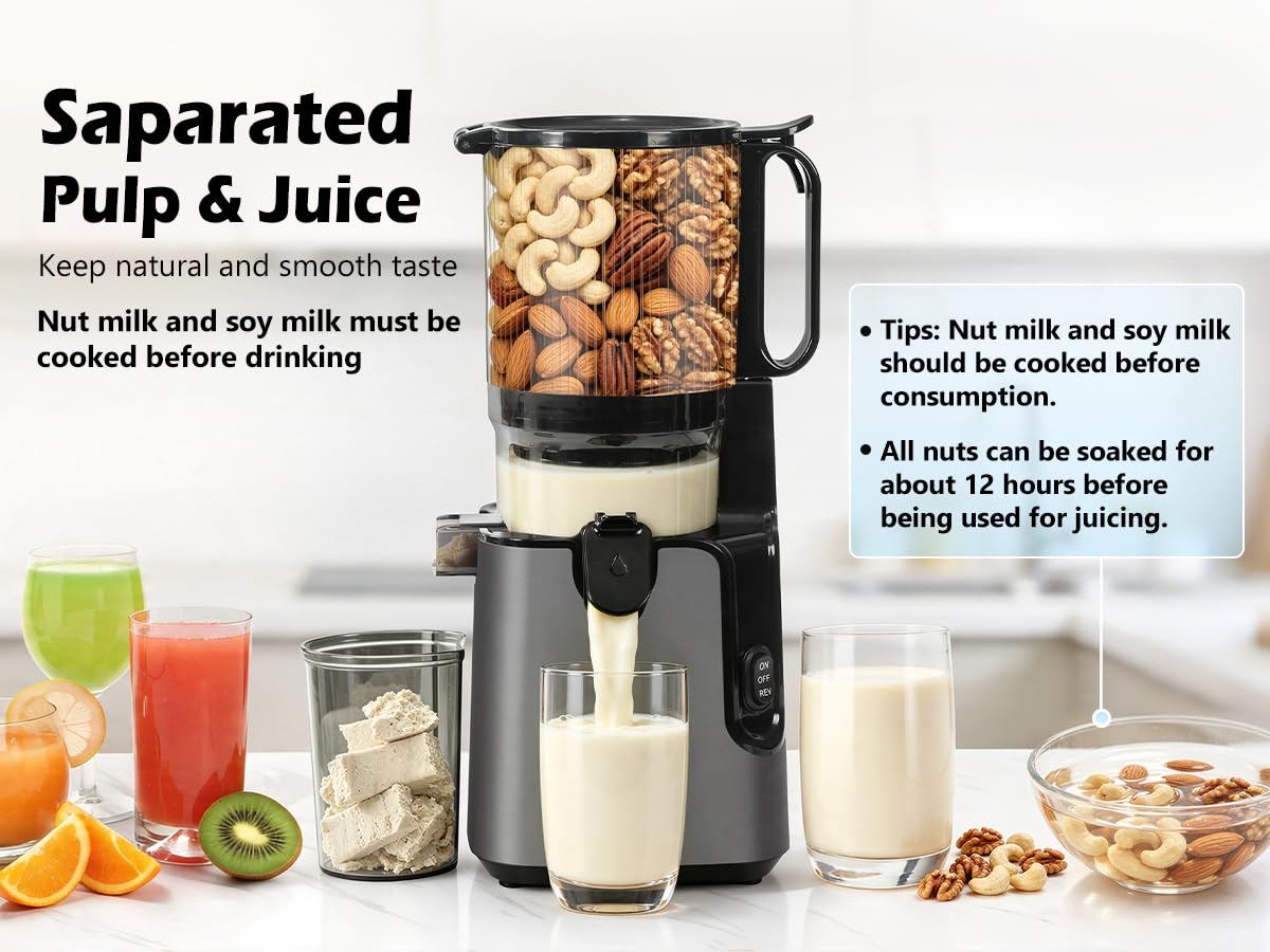 YPONE Juicer Machines 2-in-1 Cold Press Juicer Easy to Clean Titanium gray Making Juice, Nut Milk, 5.8" Large Chute , 400W Power Reverse Function With Pusher - Image 4