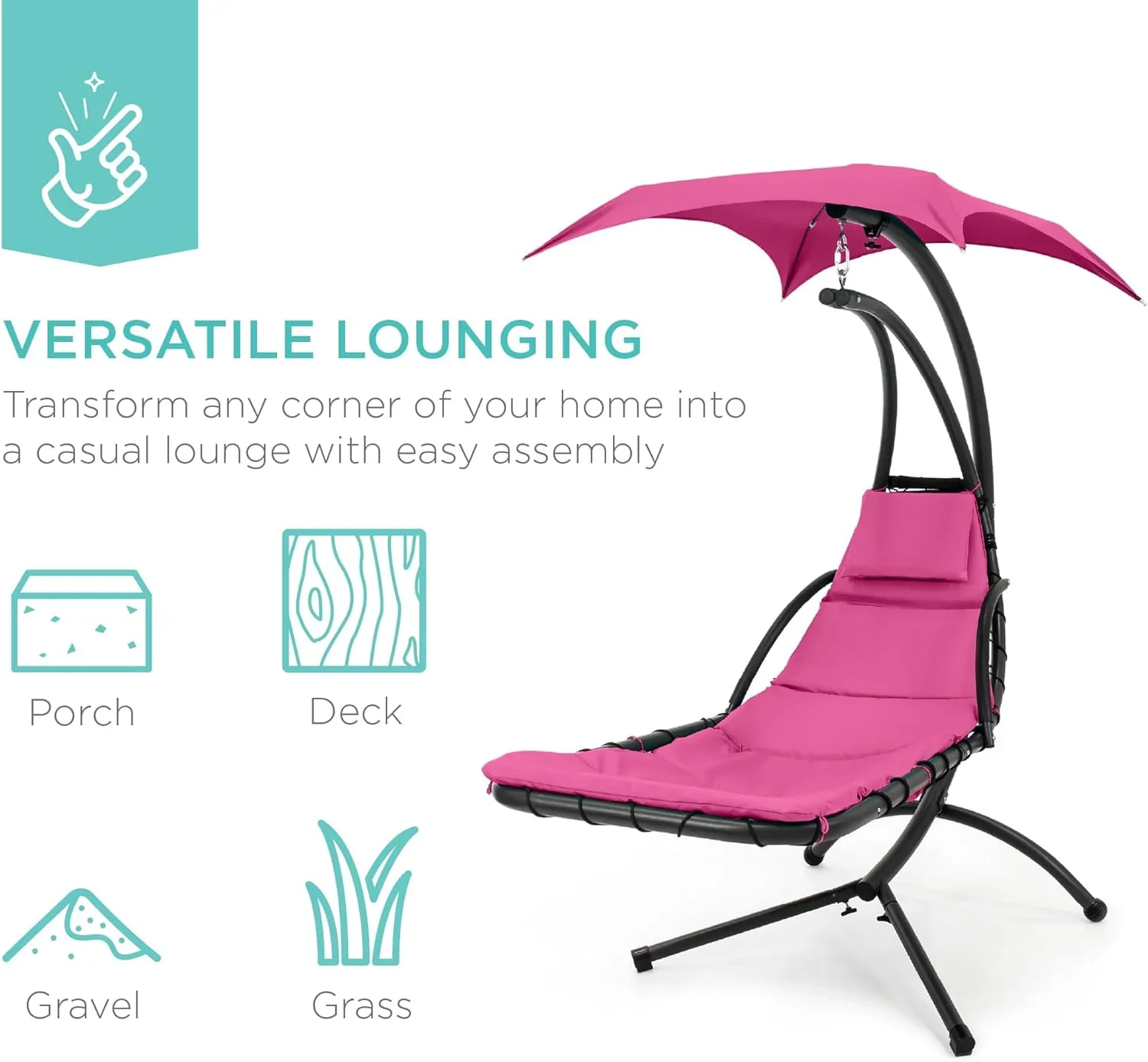 Best Choice Products Outdoor Hanging Curved Steel Chaise Lounge Chair Swing w/Built-in Pillow and Removable Canopy - Charcoal Gray - Image 49
