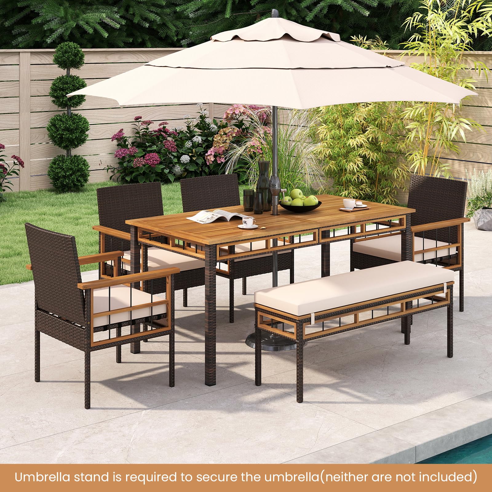 Tangkula 6 Pieces Patio Dining Table Set with 1.97” Umbrella Hole & Cushioned Backless Bench & 4 Armchairs - Image 6