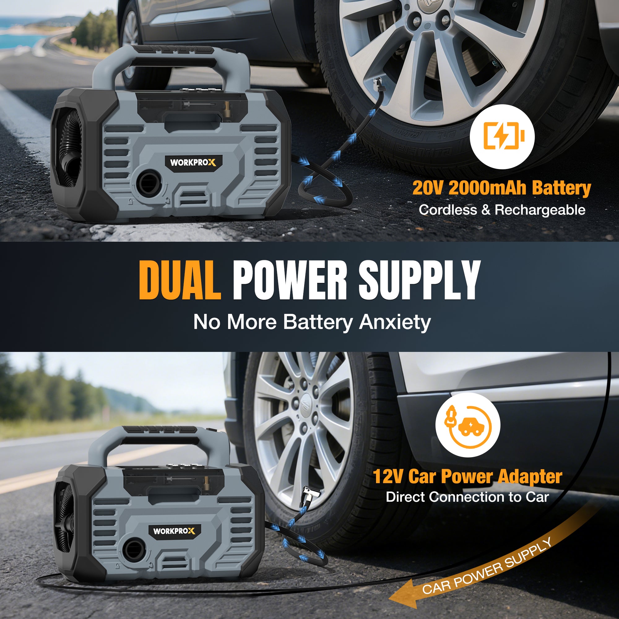 WORKPROX Tire Inflator Portable Air Compressor 150PSI – 12V DC & 20V Battery Car Air Pump, 2 Modes, Auto Shut-Off, Digital Gauge & LED Light, for Car, Bike, Ball & Air Mattress - Image 7