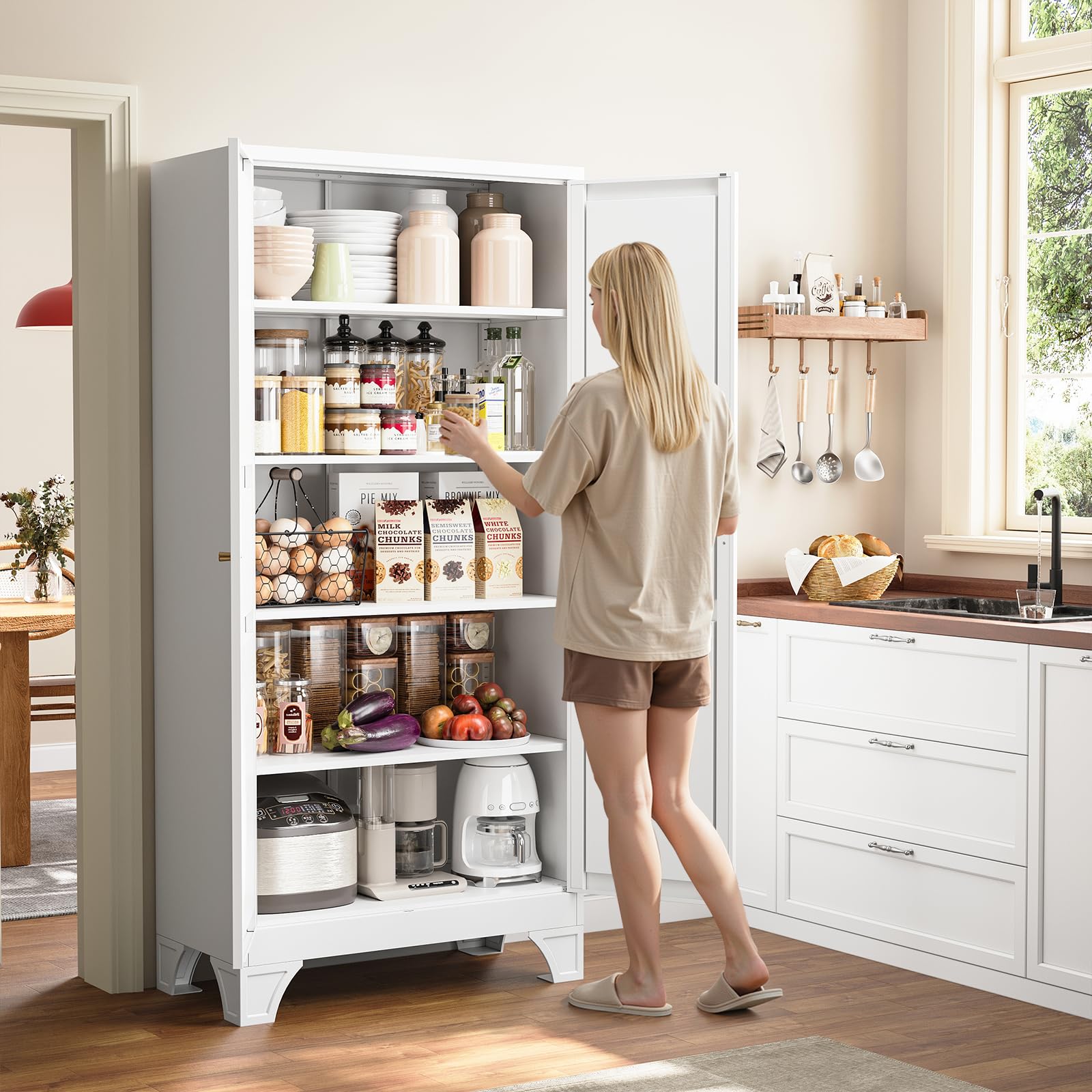 White Metal Pantry Storage Cabinet Tall Storage Cabinet Kitchen Pantry 75" Freestanding Cupboard for Kitchen Kitchen Pantry Storage Cabinet White Pantry Cabinet with Doors & 4 Adjustable Shelves - Image 3