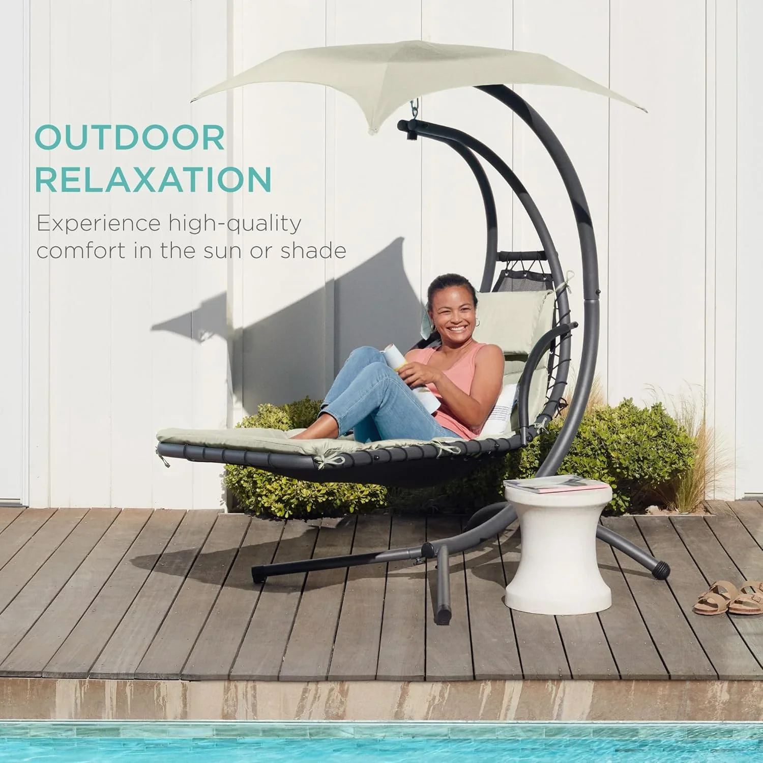Best Choice Products Outdoor Hanging Curved Steel Chaise Lounge Chair Swing w/Built-in Pillow and Removable Canopy - Charcoal Gray - Image 127