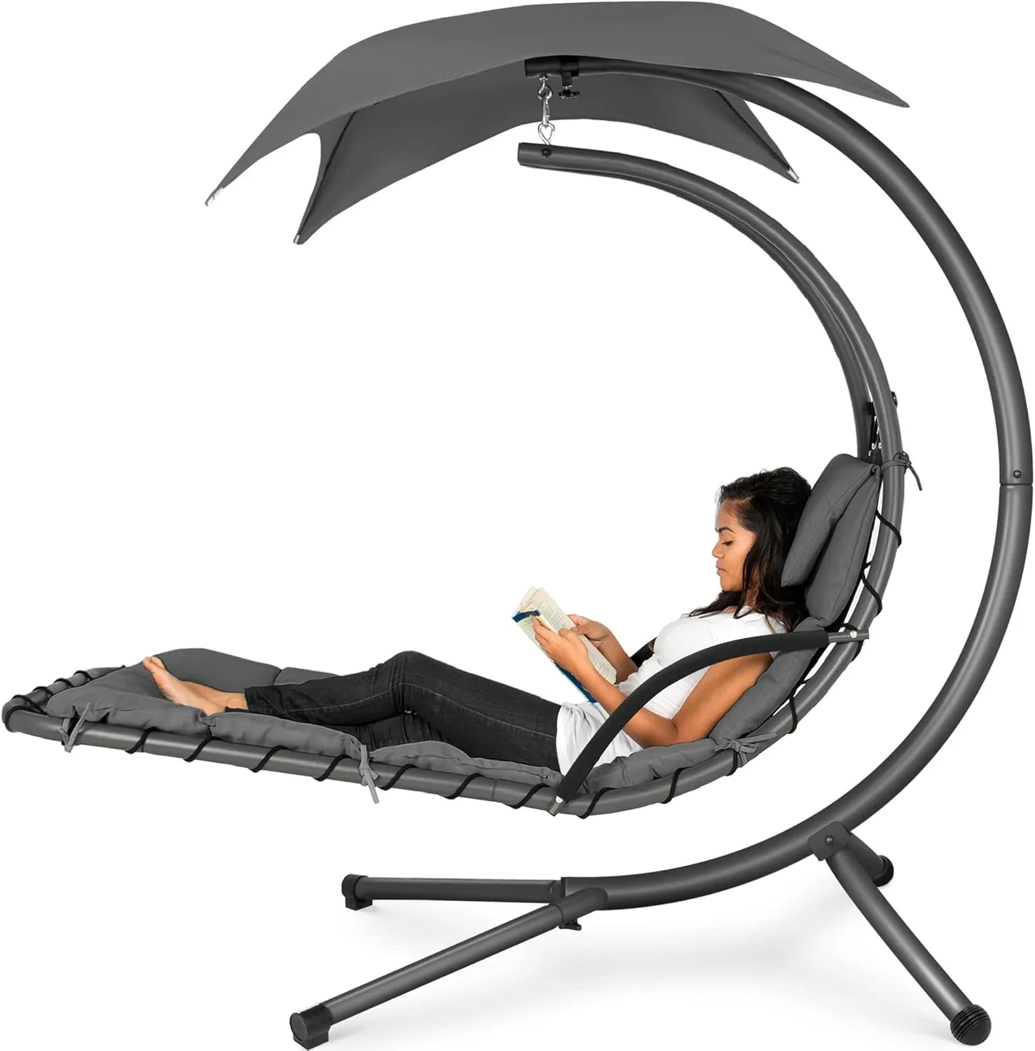 Best Choice Products Outdoor Hanging Curved Steel Chaise Lounge Chair Swing w/Built-in Pillow and Removable Canopy - Charcoal Gray - Image 21
