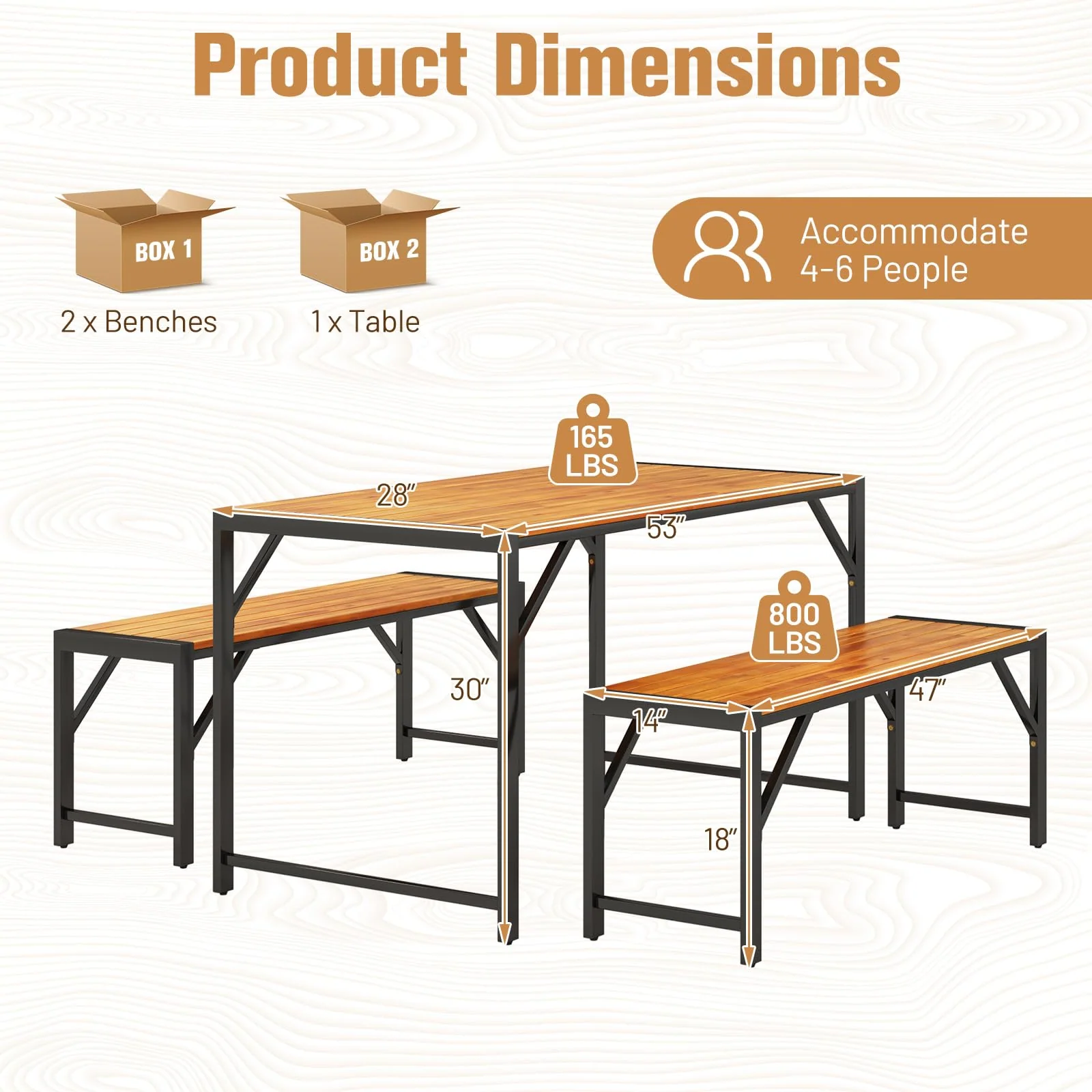 Tangkula 3 Pieces Patio Dining Set for 6 People, Outdoor Picnic Table & 2 Benches, 53” Acacia Wood Dining Table - Image 6