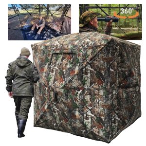 Hunting Blind with Floor Mat, 360 See Through Ground Blind, Pop Up 2/3/4 Person Camouflage Tent, Portable Concealed Shelter with Carrying Bag, Detachable Zip-in Floor, Silent Sliding Windows