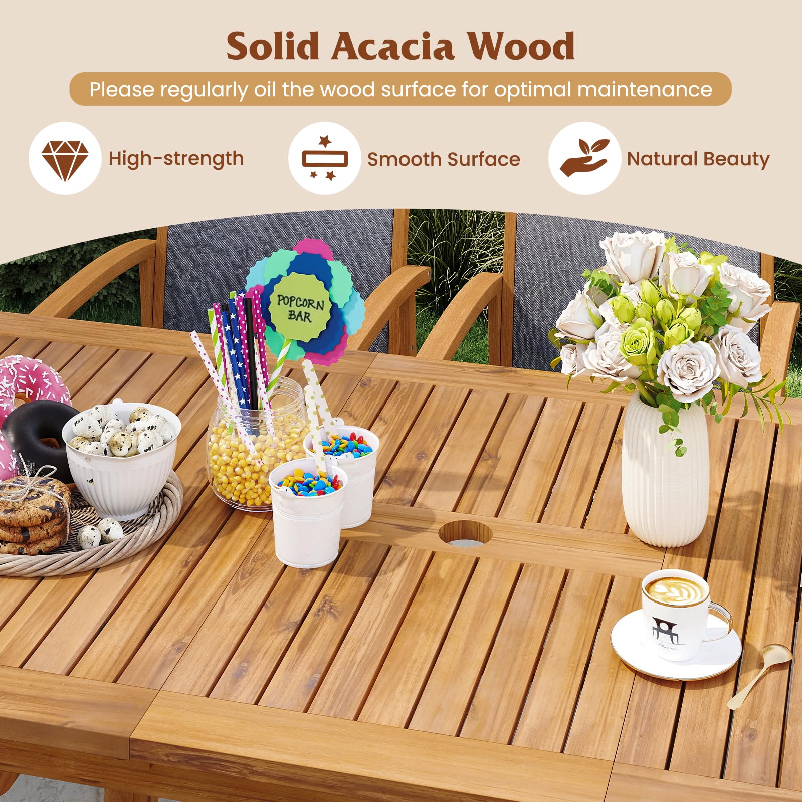Tangkula 9 Pieces Patio Table and Chairs Set with Acacia Wood Expandable Table and 8 PE Rattan Armchairs - Image 5