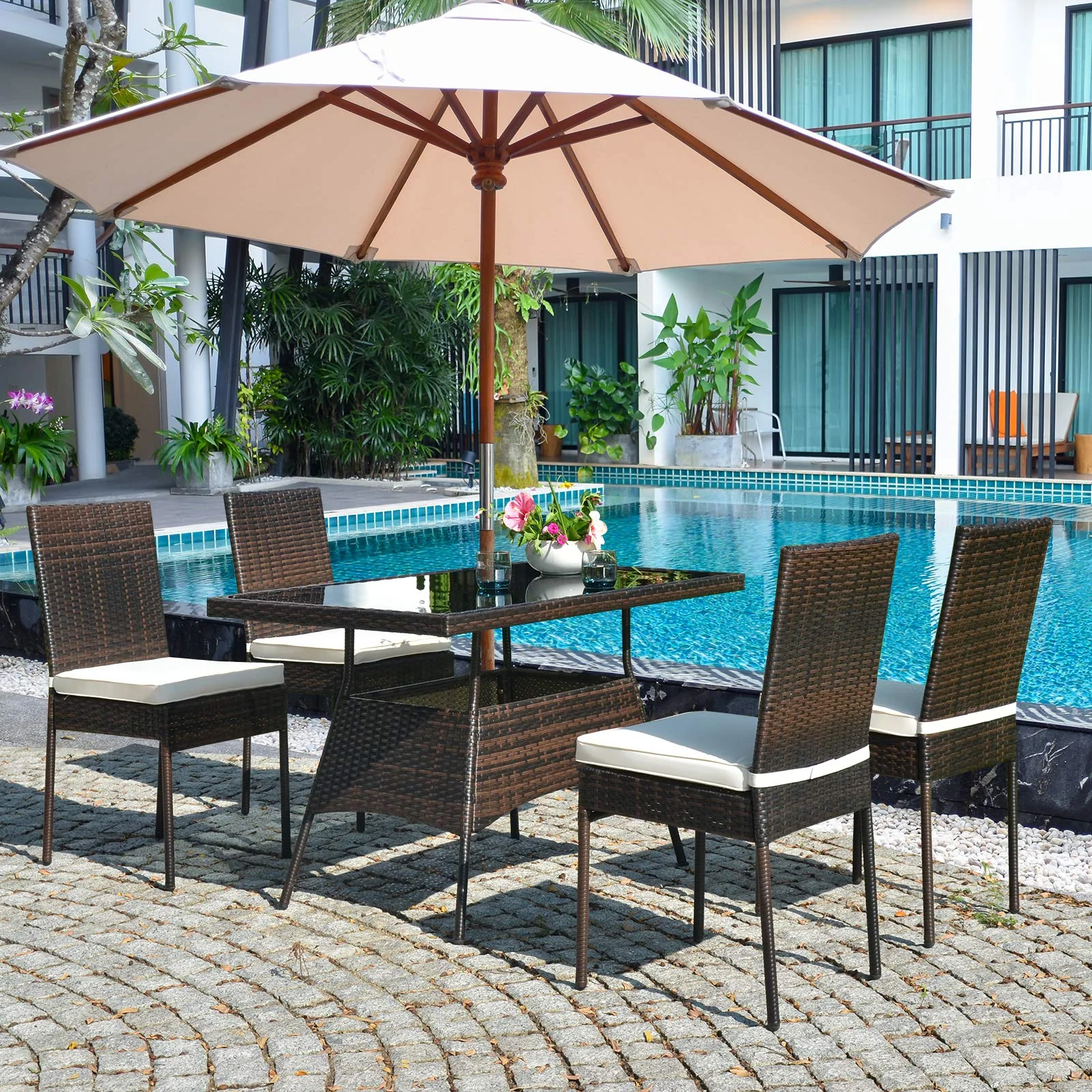 Tangkula 5 PCS Patio Wicker Dining Set, Outdoor Rattan Table and Chairs with - Image 2