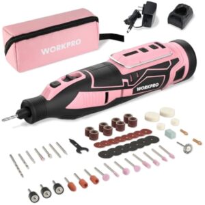 WORKPRO Pink 12V Cordless Rotary Tool Kit, 5 Variable Speeds, 114 Easy Change Accessories - Pink Ribbon