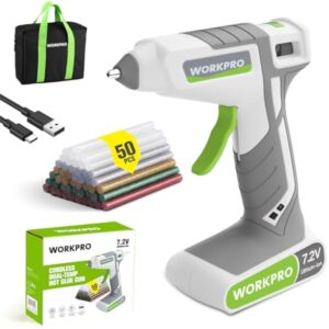 WORKPRO Cordless Hot Glue Gun, 30s Fast Preheating, 7.2V Dual-Temp Glue Gun Kit with 50pcs Glue Gun Sticks, Storage Bag, USB-C Charging Cord, 2600mAh Battery for DIY and Crafting, White