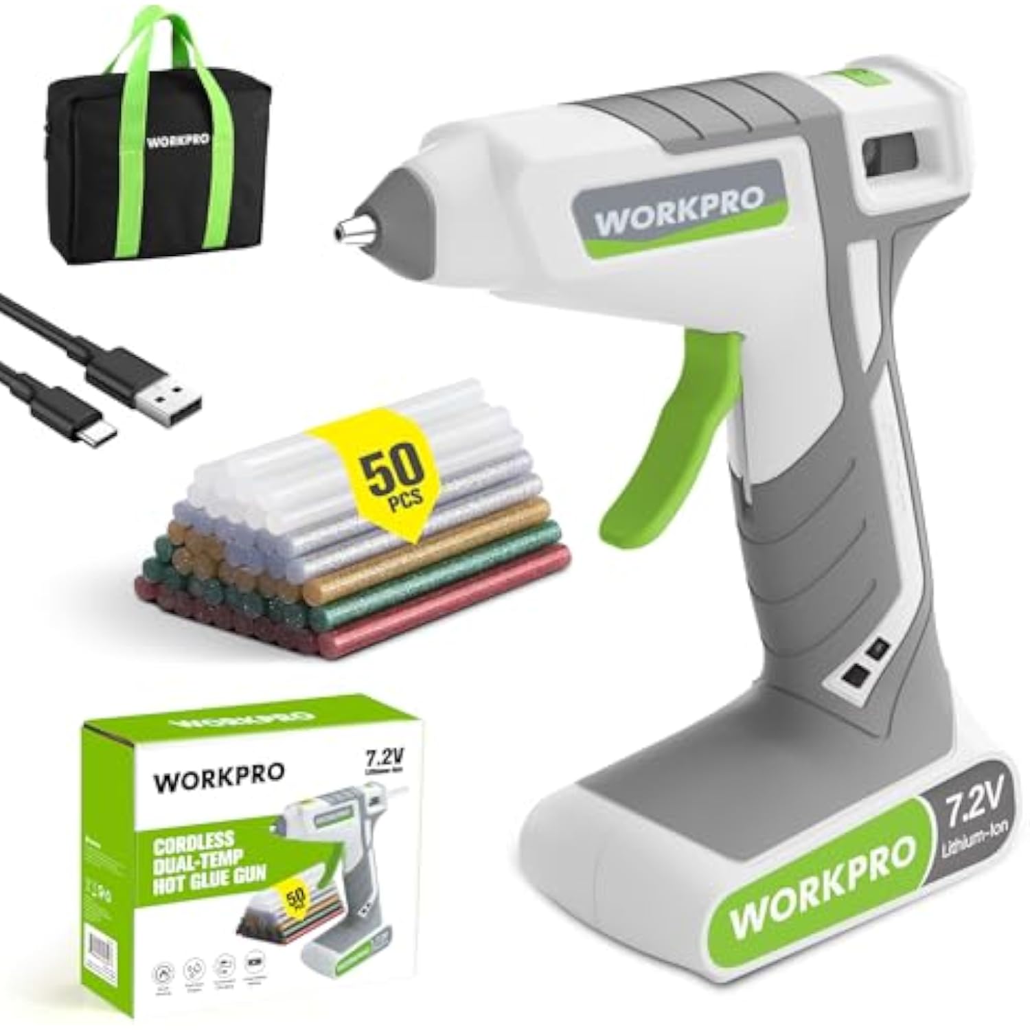 WORKPRO Cordless Hot Glue Gun, 30s Fast Preheating, 7.2V Dual-Temp Glue Gun Kit with 50pcs Glue Gun Sticks, Storage Bag, USB-C Charging Cord, 2600mAh Battery for DIY and Crafting, White