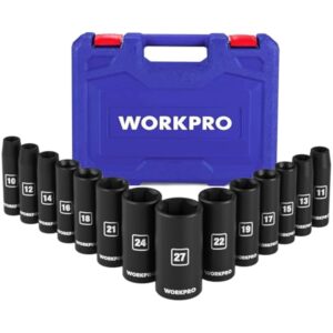 WORKPRO 14-Piece 1/2" Drive Deep Impact Socket Set, 6-Point Impact Deep Socket Set with Heavy Duty Storage Case for Automotive and Mechanical Repairs, 10mm-27mm, Cr-V Steel, Metric