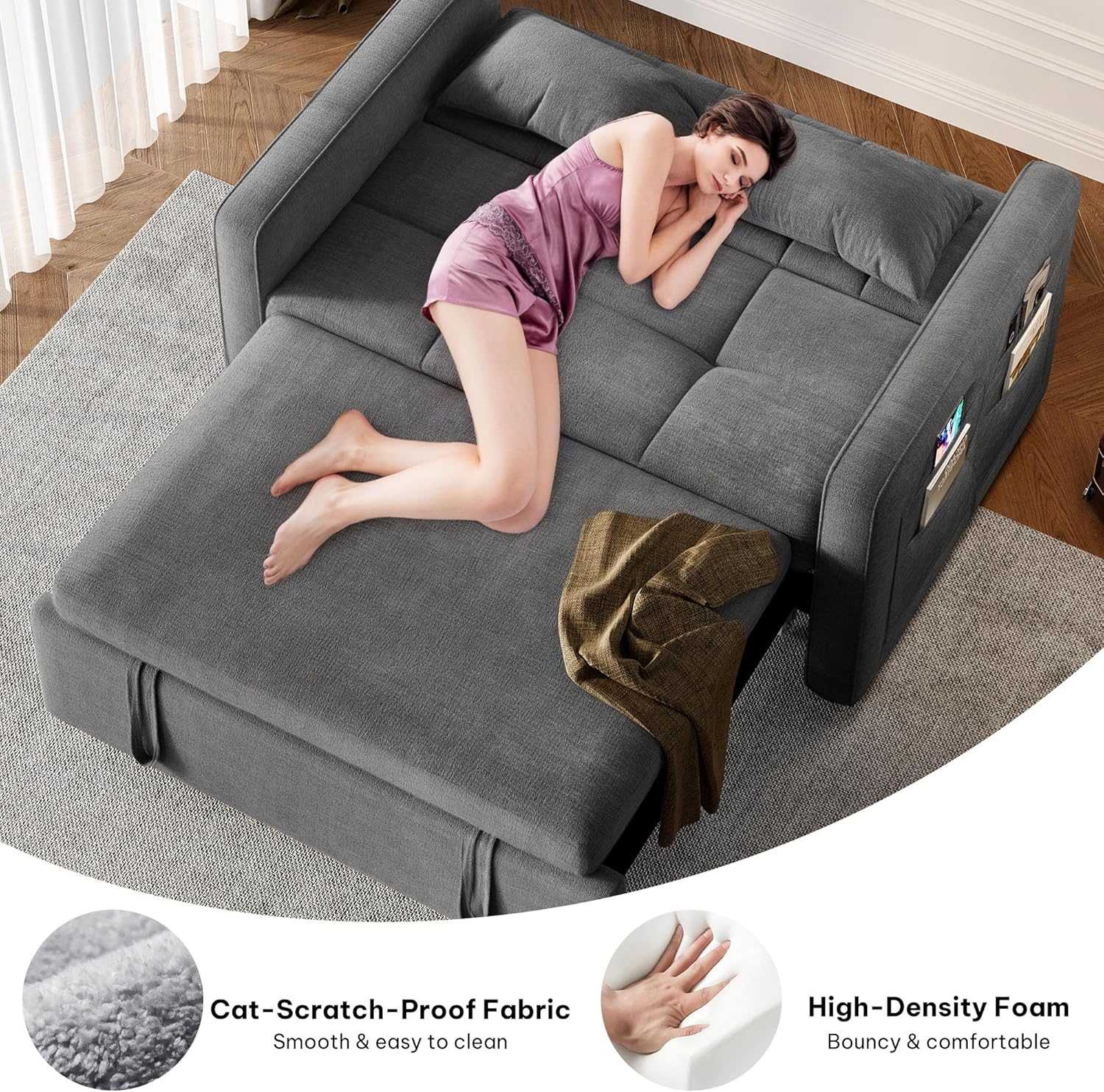 DWVO 3-in-1 Convertible Sofa Bed, 55" Sleeper Sofa with Pull-Out Bed, Cat-Scratch-Proof Fabric Futon Couch with Adjustable Backrest and Side Pocket, Loveseat for Living Room Apartment, Grey - Image 31
