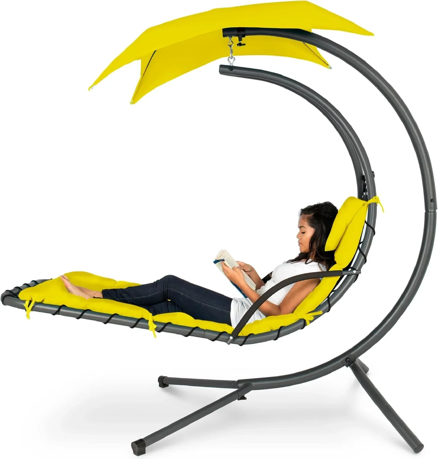 Best Choice Products Outdoor Hanging Curved Steel Chaise Lounge Chair Swing w/Built-in Pillow and Removable Canopy - Charcoal Gray - Image 26