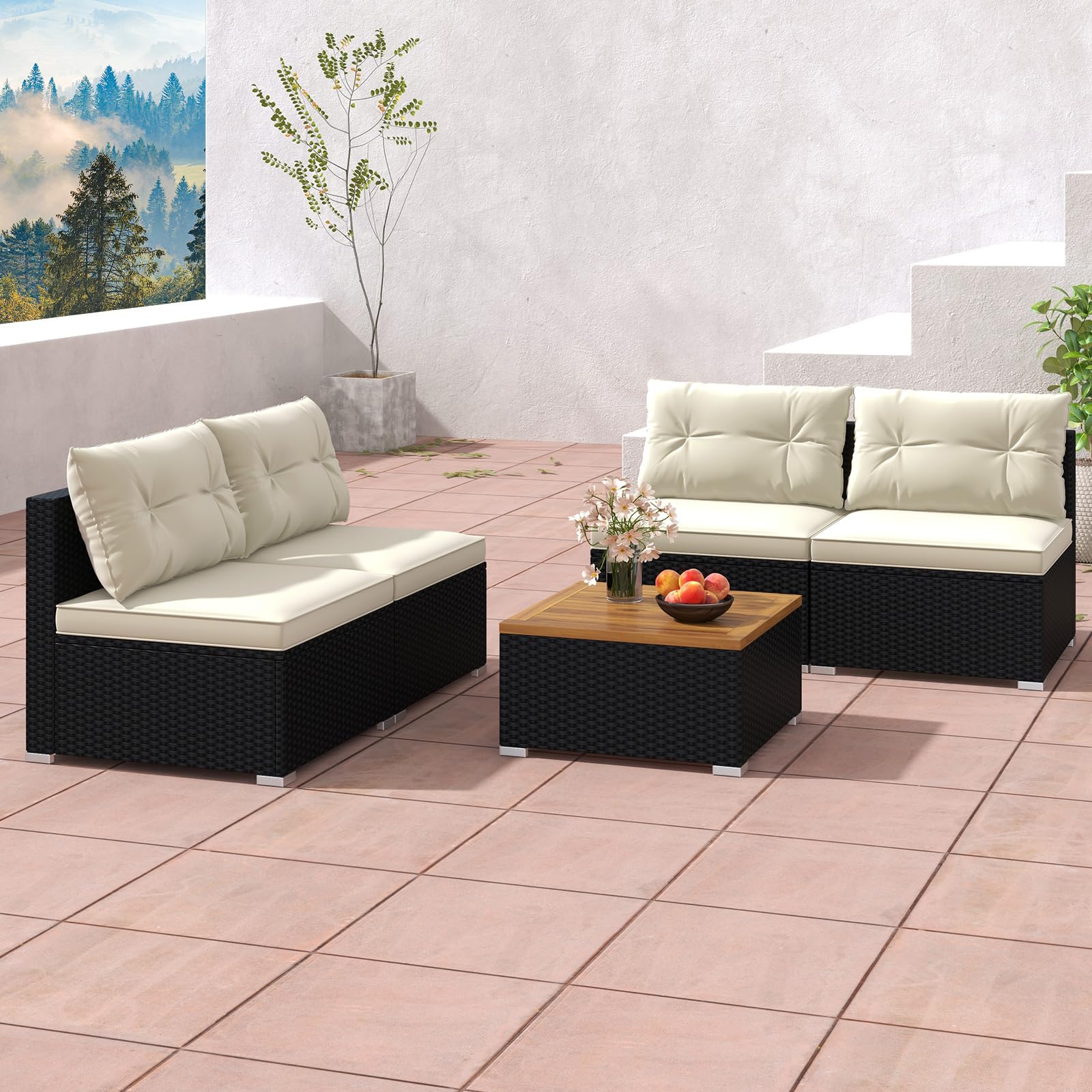 Tangkula 5 Piece Rattan Sofa Set, Patiojoy Outdoor Wicker Furniture Set with Seat & Back Cushions - Image 2