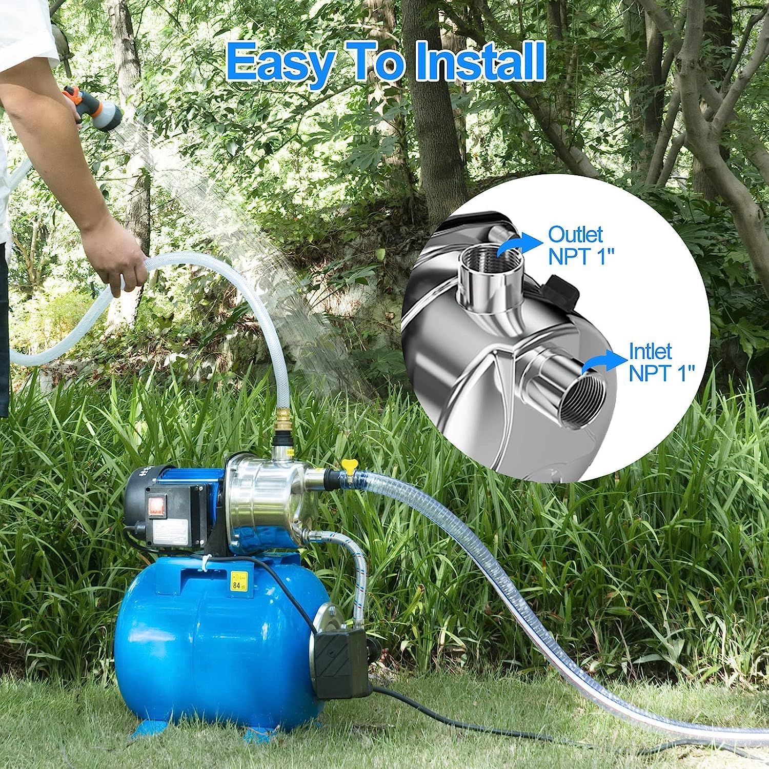 1.6HP Shallow Well Pump with Pressure Tank 1268 GPH Stainless Steel Jet Pump Transfer Drainage Booster Pump Garden Sprinkler System Water Pump for Home Garden Lawn Irrigation - Image 8