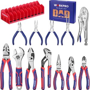 WORKPRO Pliers & Wrench Set, 12-Piece Pliers Tool Set with Organizer | 12-Piece Pliers Set Kit Made with CR-V & Carbon Steel, Ergonomic Grips, Ideal for Home & Garage, Suitable for gifting