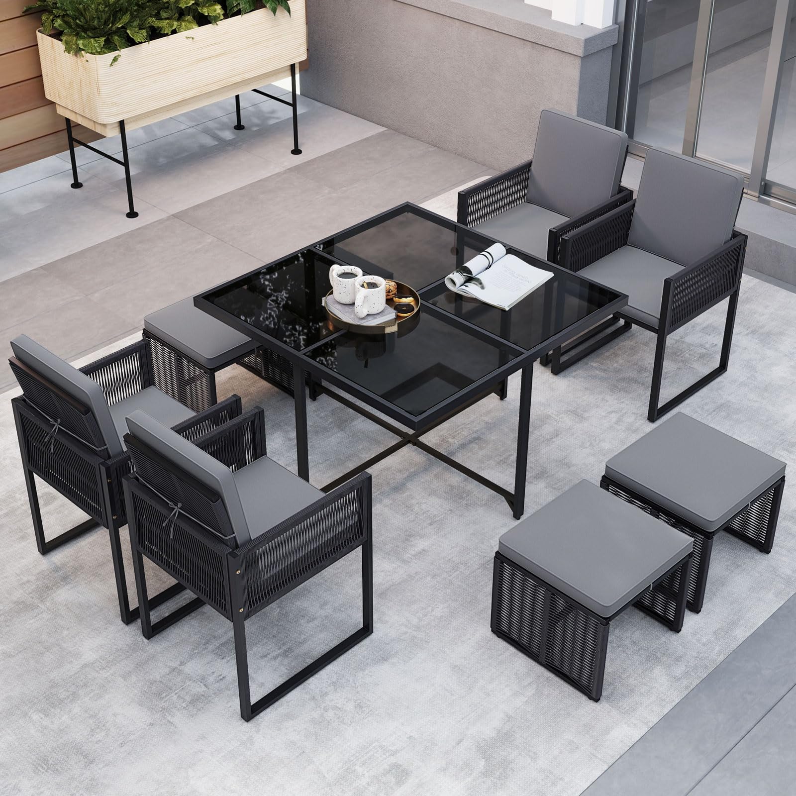 Tangkula 9 Pieces Patio Dining Set with PE Rattan Chairs - Image 2