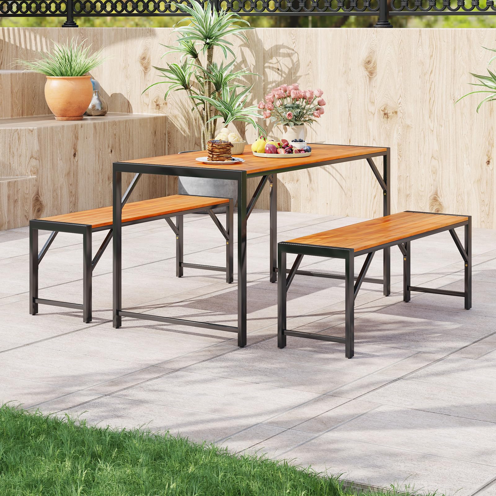 Tangkula 3 Pieces Patio Dining Set for 6 People, Outdoor Picnic Table & 2 Benches, 53” Acacia Wood Dining Table - Image 3