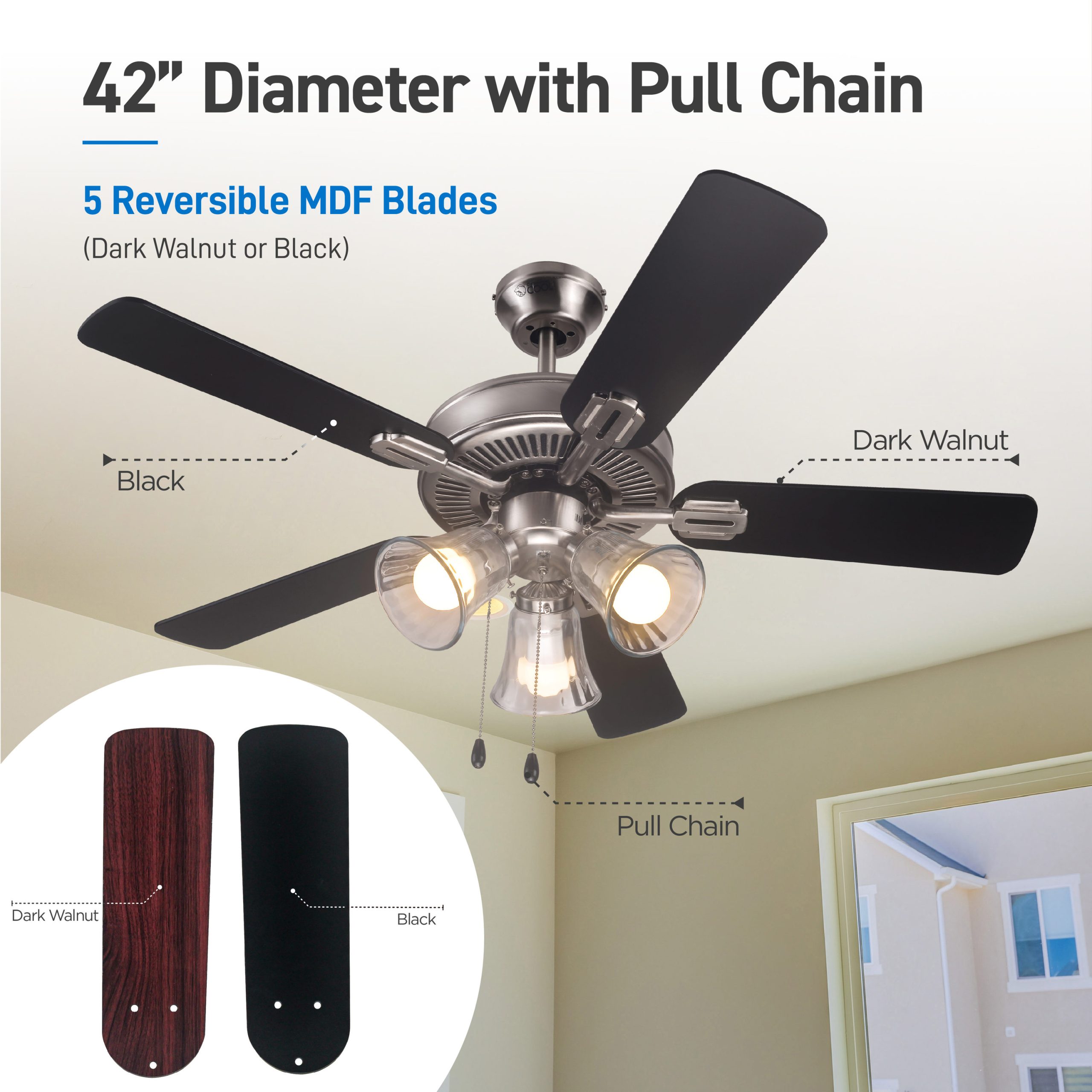 Commercial Cool 42-in Nickle Downrod or Flush Mount Ceiling Fan With Light Chain - Image 3