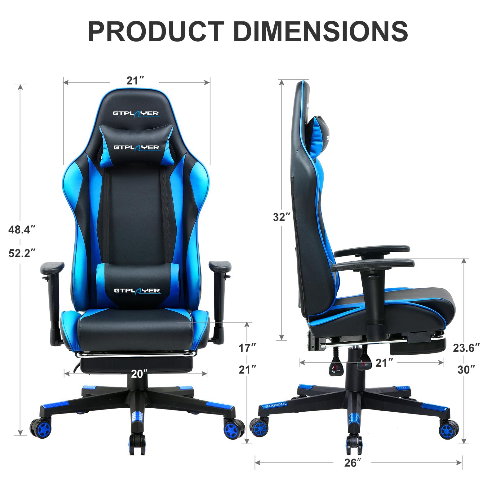 GTPLAYER Gaming Chair with Footrest, Ergonomic Computer Game Desk Chair, Reclining Gamer Chair Seat Height Adjustment, Swivel Rocker with Headrest and Lumbar (Blue) - Image 4